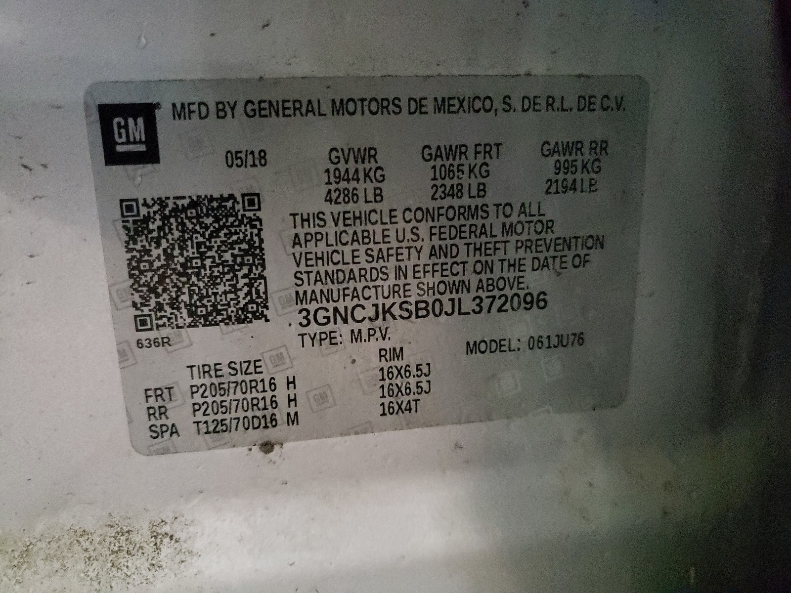 Photo 10 from auction – 2018 CHEVROLET TRAX LS with VIN 3GNCJKSB0JL372096