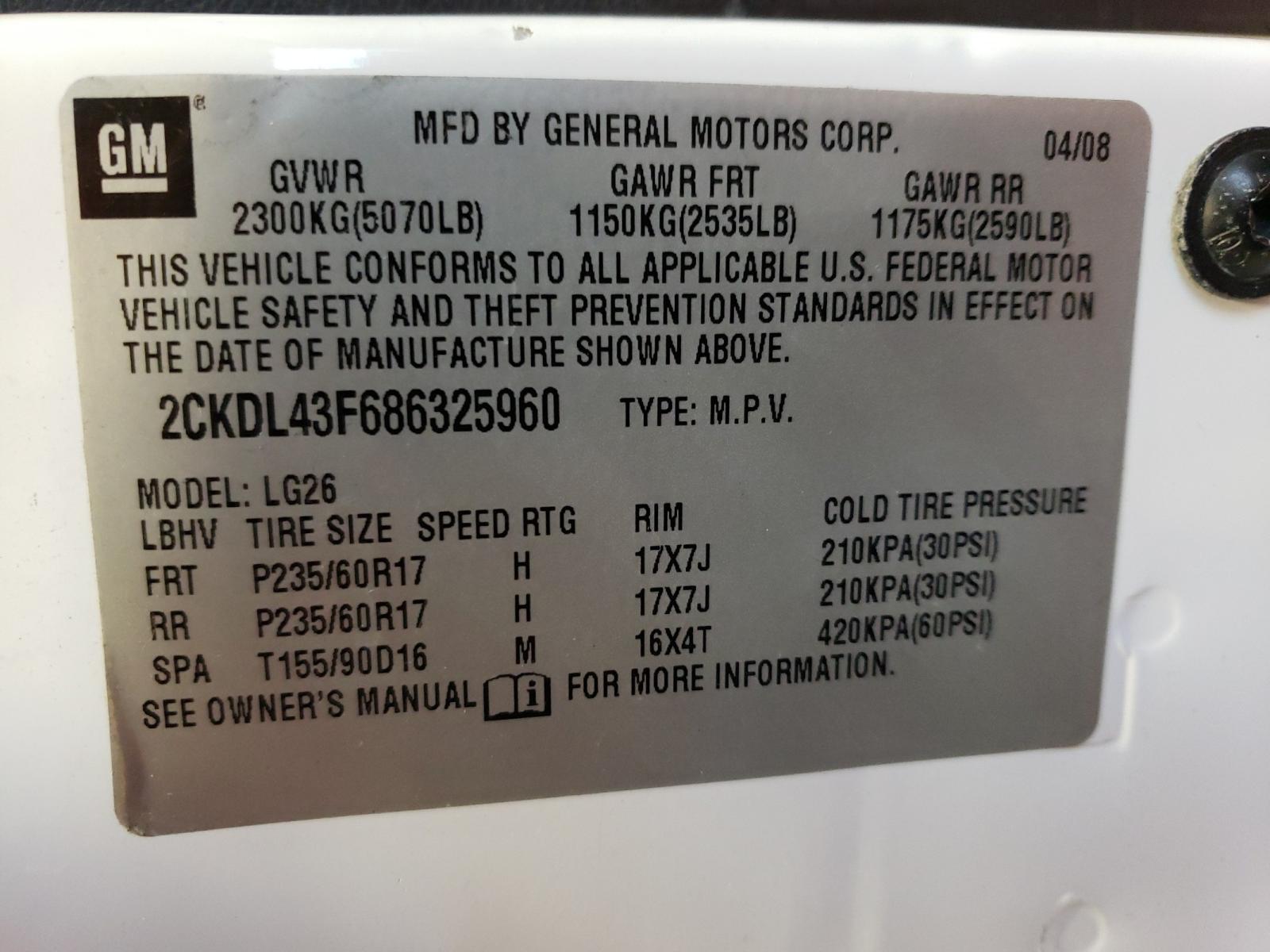 Photo 10 from auction – 2008 PONTIAC TORRENT with VIN 2CKDL43F686325960