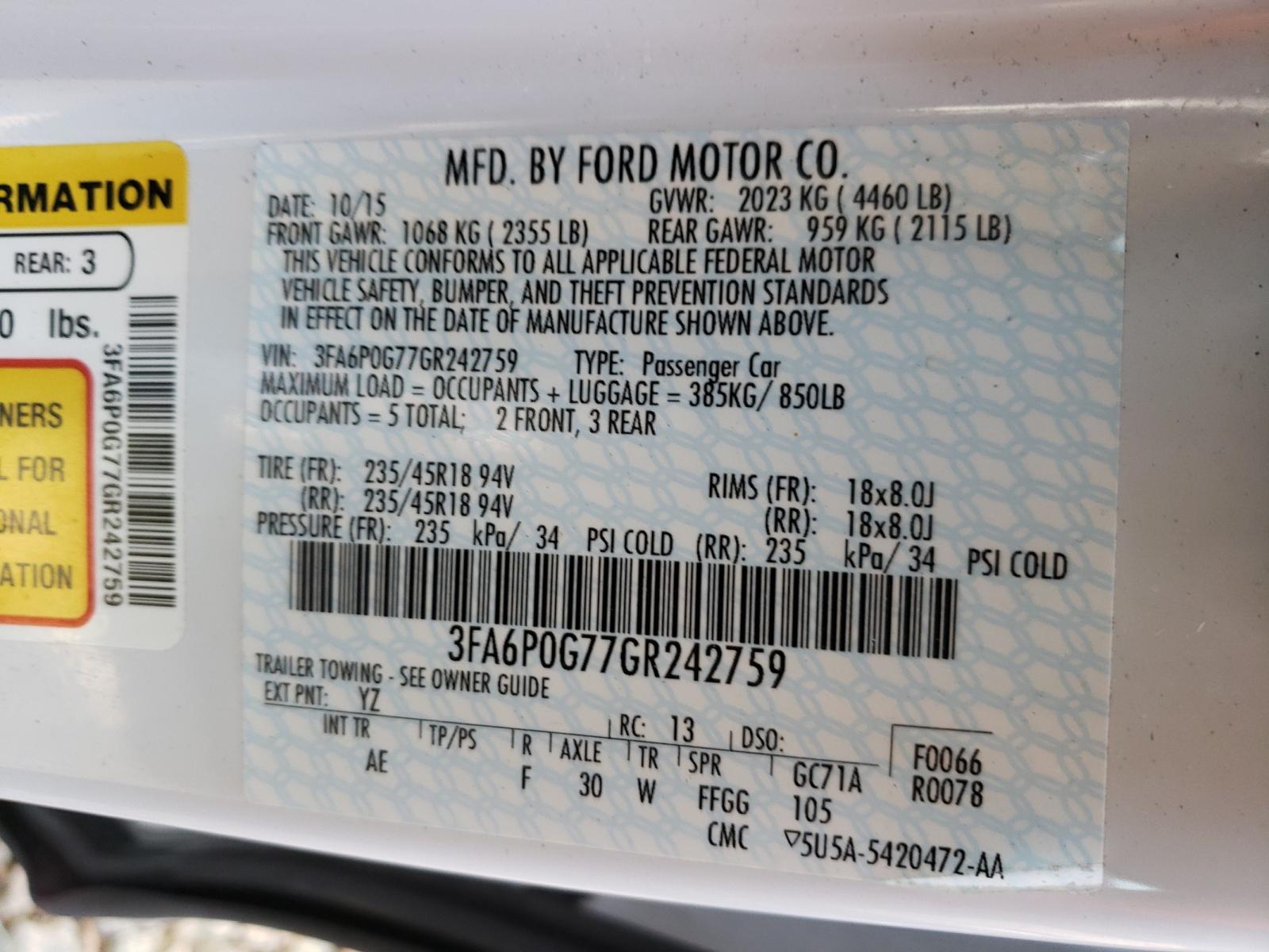 Photo 10 from auction – 2016 FORD FUSION S with VIN 3FA6P0G77GR242759