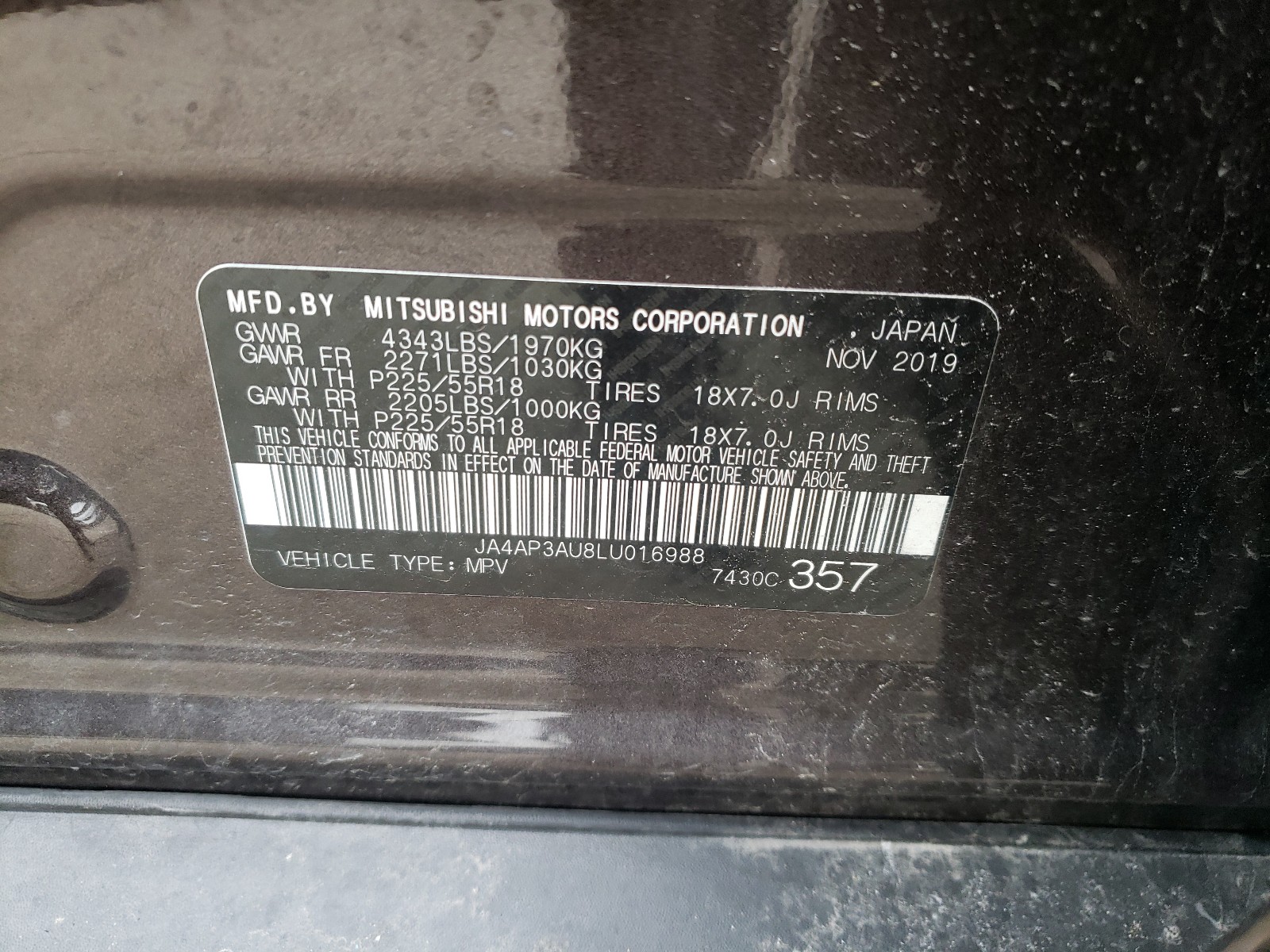 Photo 10 from auction – 2020 MITSUBISHI OUTLANDER with VIN JA4AP3AU8LU016988