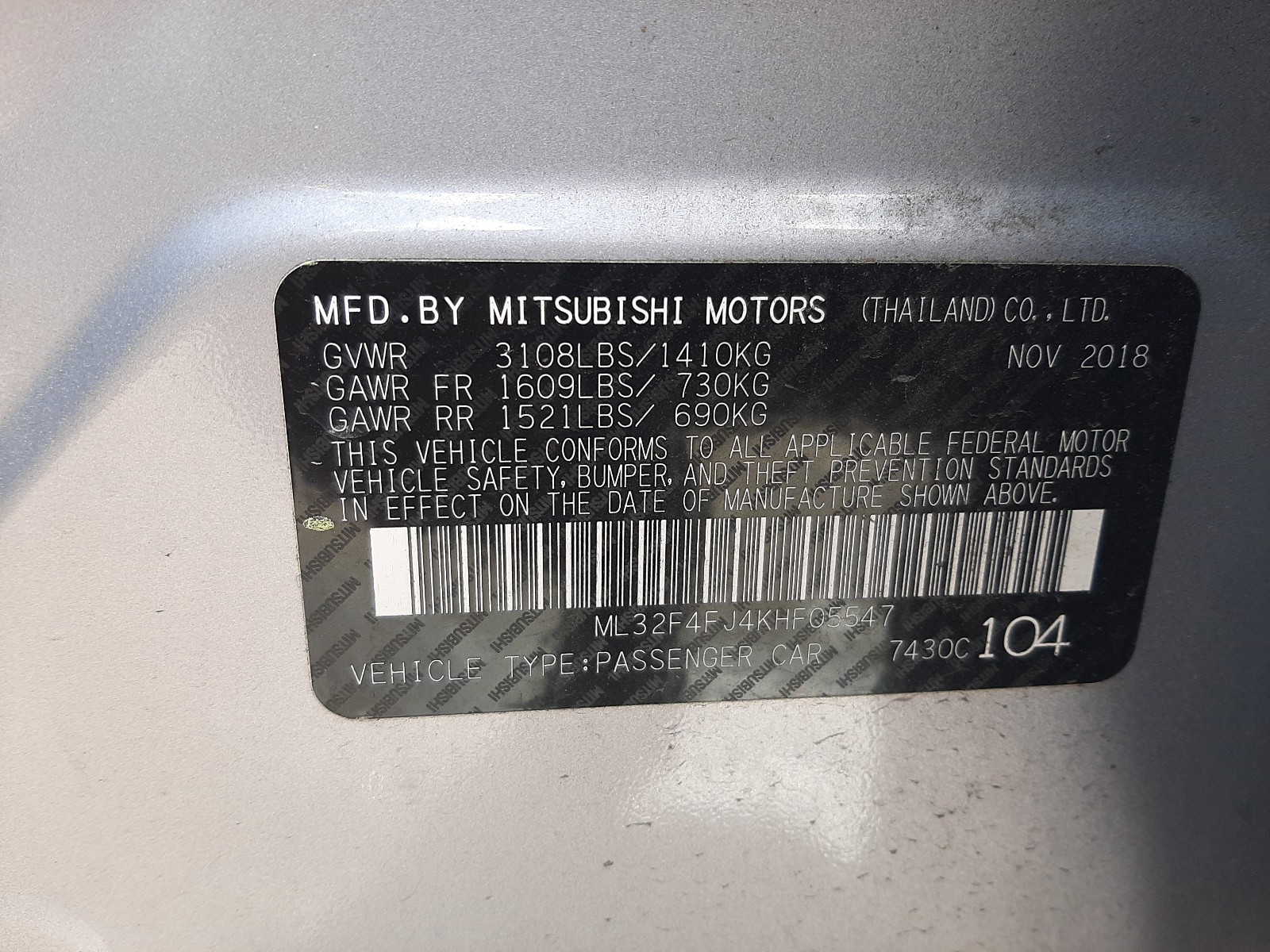 Photo 10 from auction – 2019 MITSUBISHI MIRAGE G4 with VIN ML32F4FJ4KHF05547