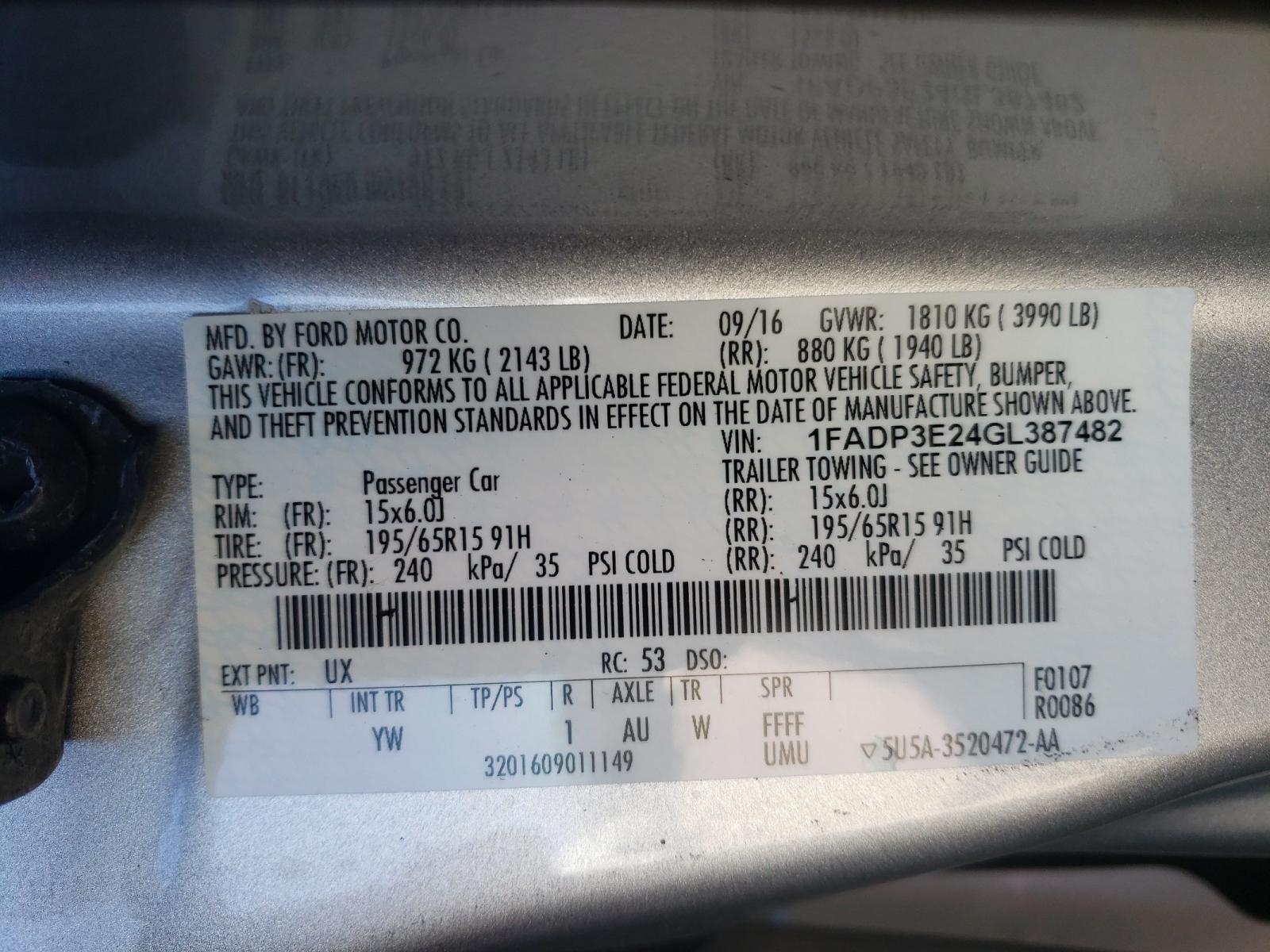 Photo 10 from auction – 2016 FORD FOCUS S with VIN 1FADP3E24GL387482