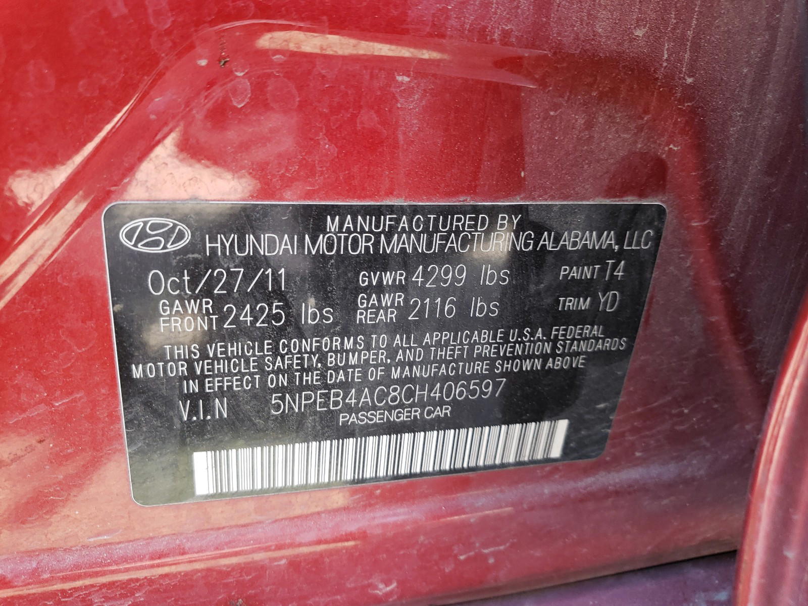 Photo 10 from auction – 2012 HYUNDAI SONATA GLS with VIN 5NPEB4AC8CH406597