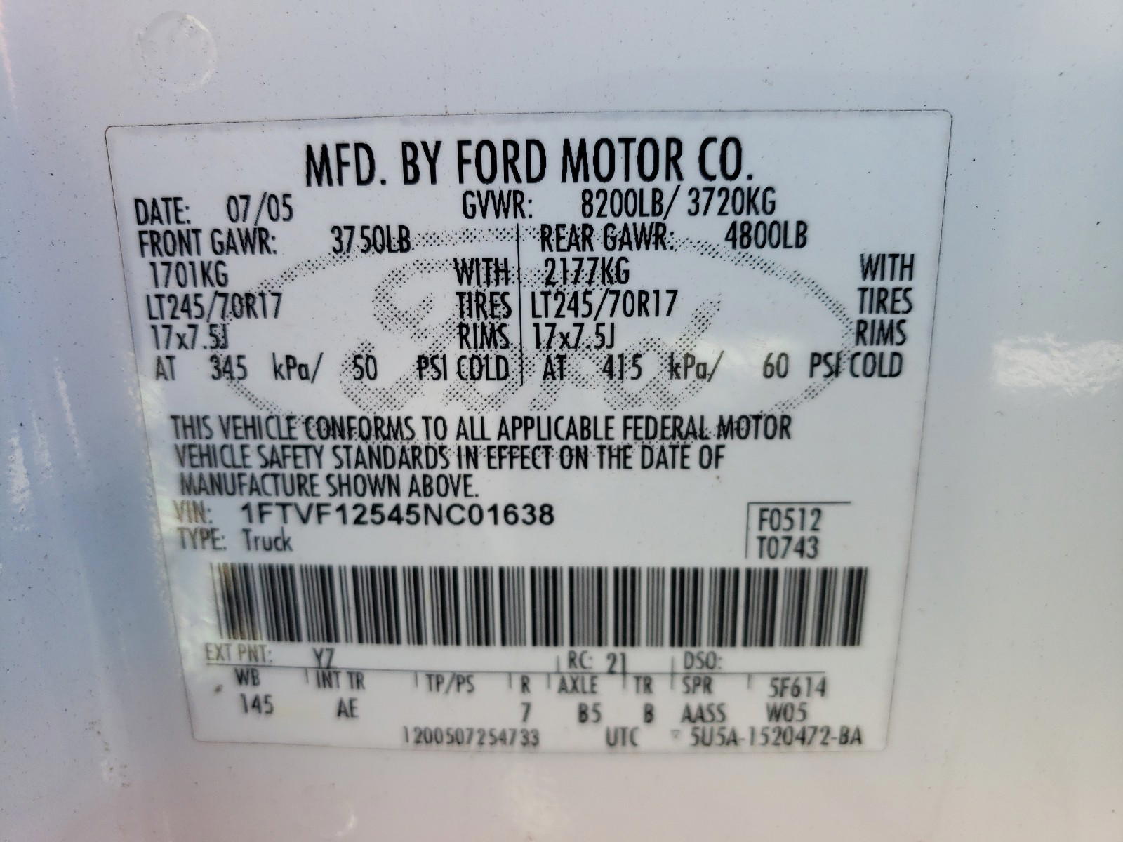 Photo 10 from auction – 2005 FORD F150 with VIN 1FTVF12545NC01638