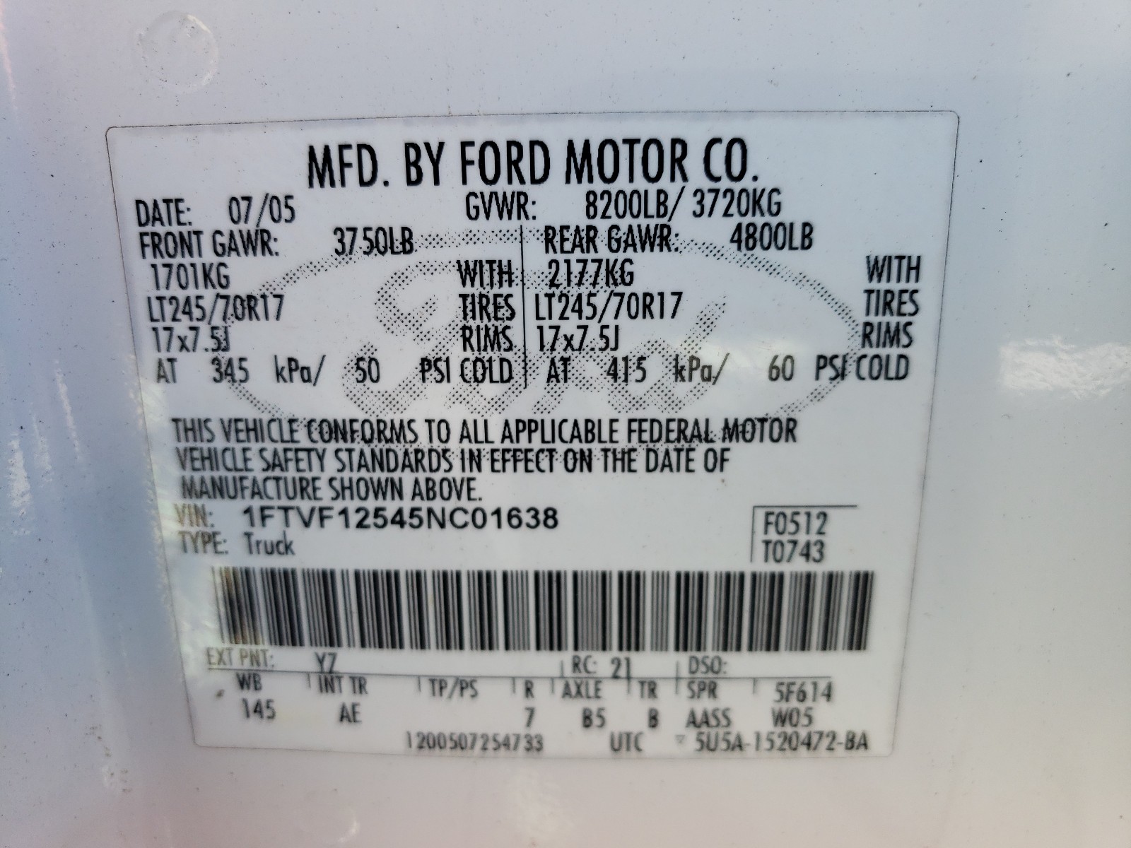 Zdjęcie 10 z aukcji – 2005 FORD F150 z VIN 1FTVF12545NC01638