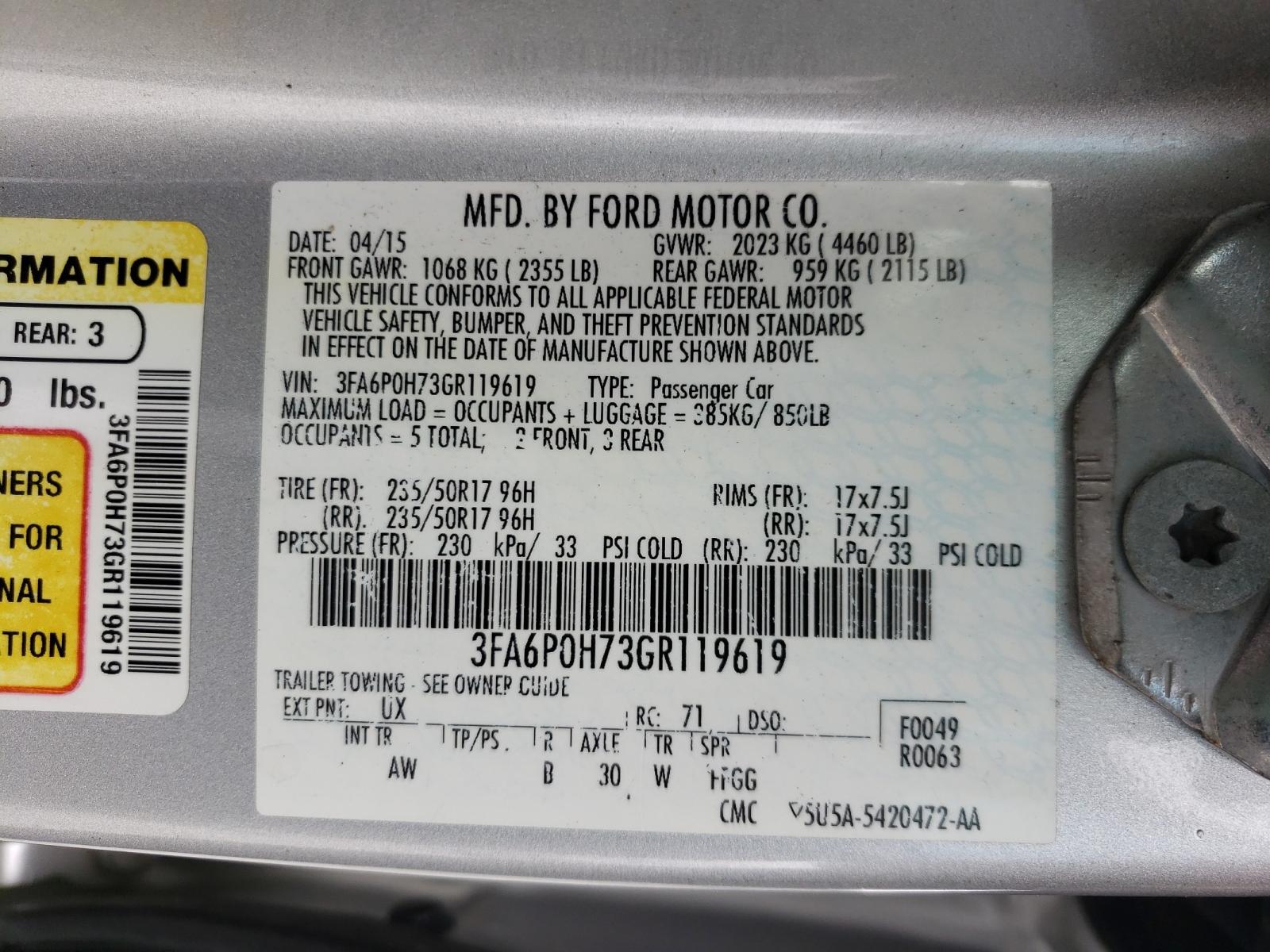 Photo 10 from auction – 2016 FORD FUSION SE with VIN 3FA6P0H73GR119619