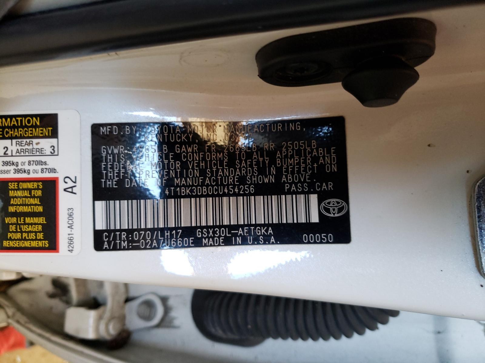 Photo 10 from auction – 2012 TOYOTA AVALON BAS with VIN 4T1BK3DB0CU454256