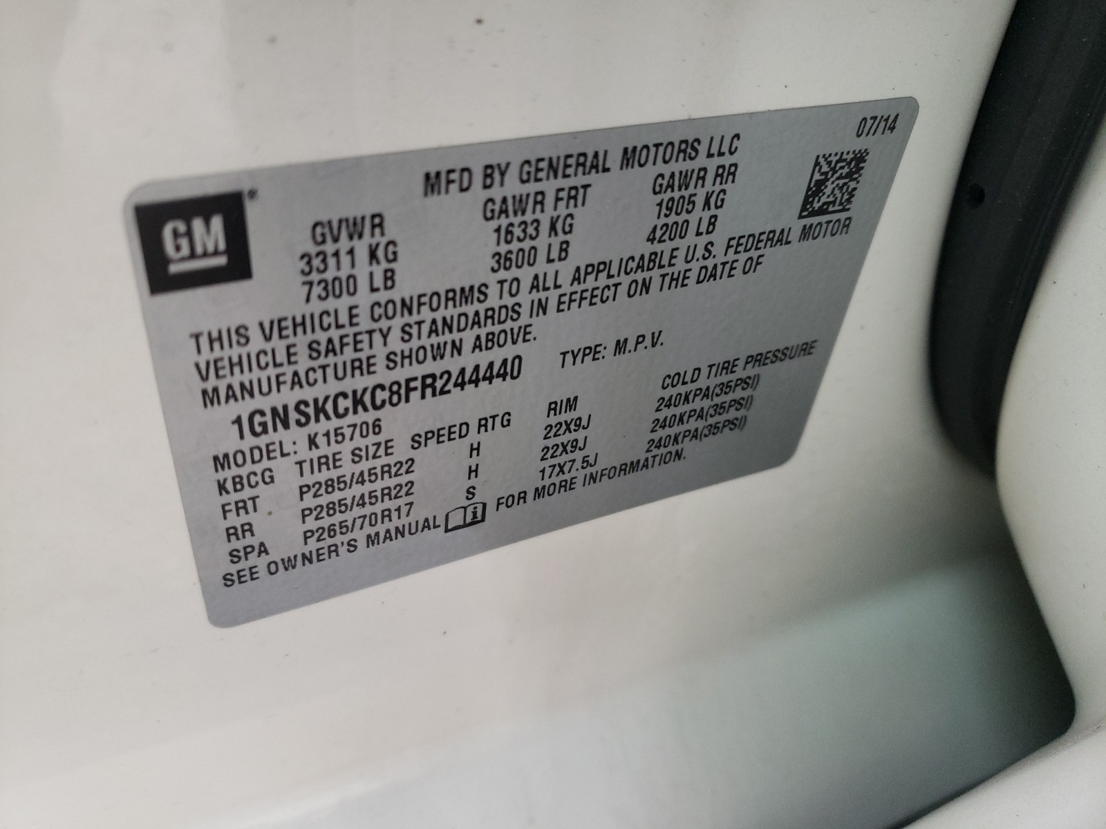 Photo 10 from auction – 2015 CHEVROLET TAHOE with VIN 1GNSKCKC8FR244440