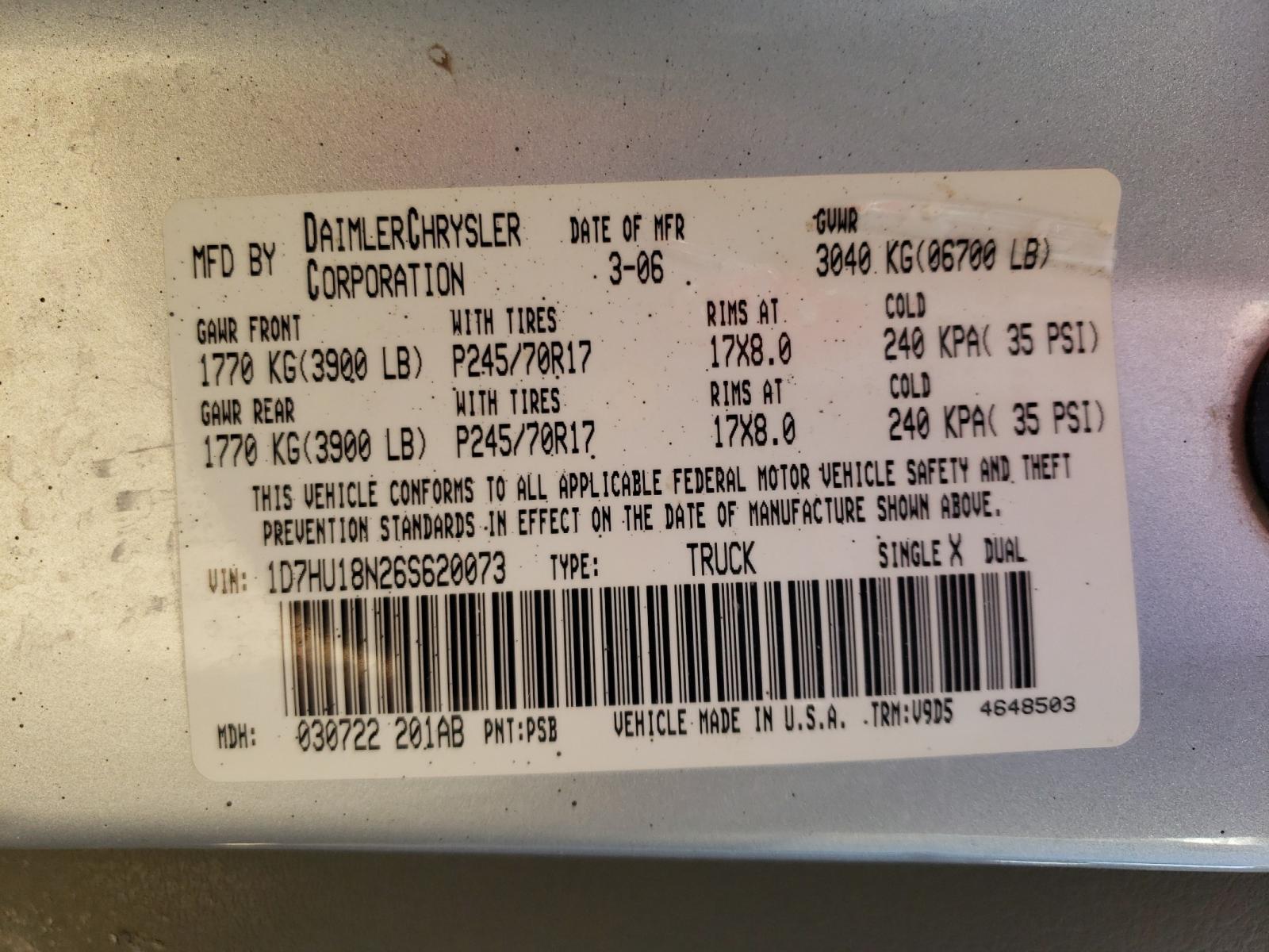Photo 10 from auction – 2006 DODGE RAM 1500 S with VIN 1D7HU18N26S620073