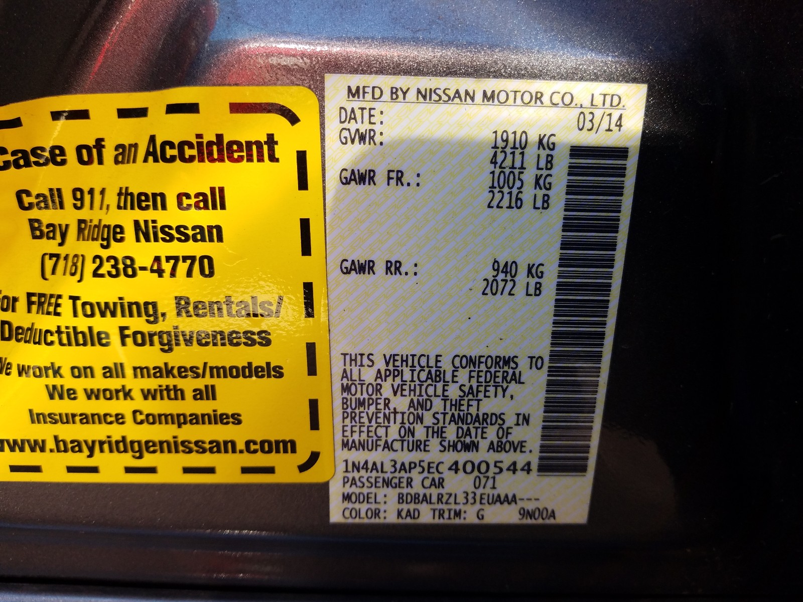 Photo 10 from auction – 2014 NISSAN ALTIMA 2.5 with VIN 1N4AL3AP5EC400544