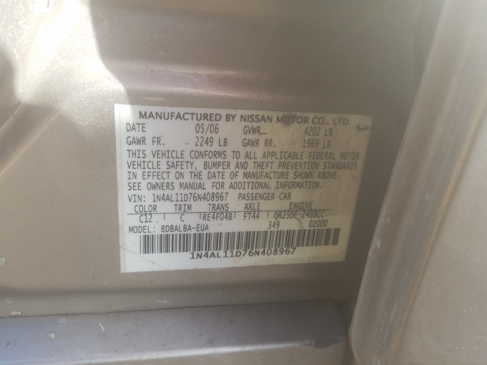 Photo 10 from auction – 2006 NISSAN ALTIMA S with VIN 1N4AL11D76N408967