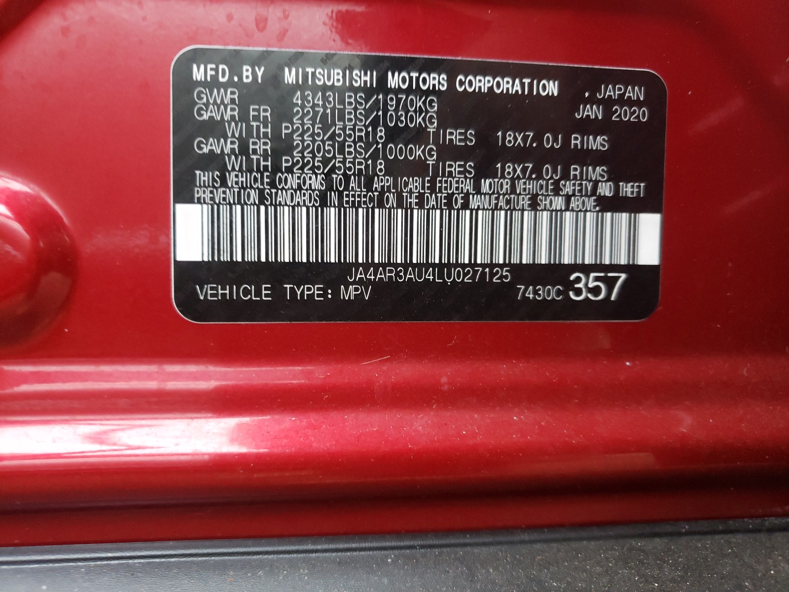 Photo 10 from auction – 2020 MITSUBISHI OUTLANDER with VIN JA4AR3AU4LU027125