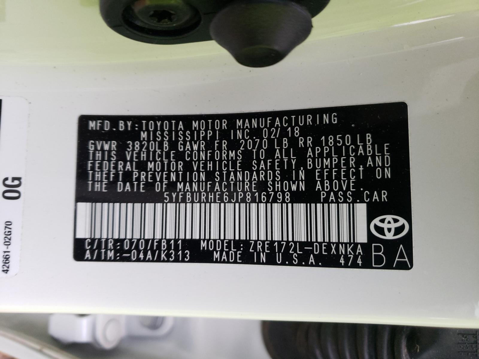 Photo 10 from auction – 2018 TOYOTA COROLLA with VIN 5YFBURHE6JP816798