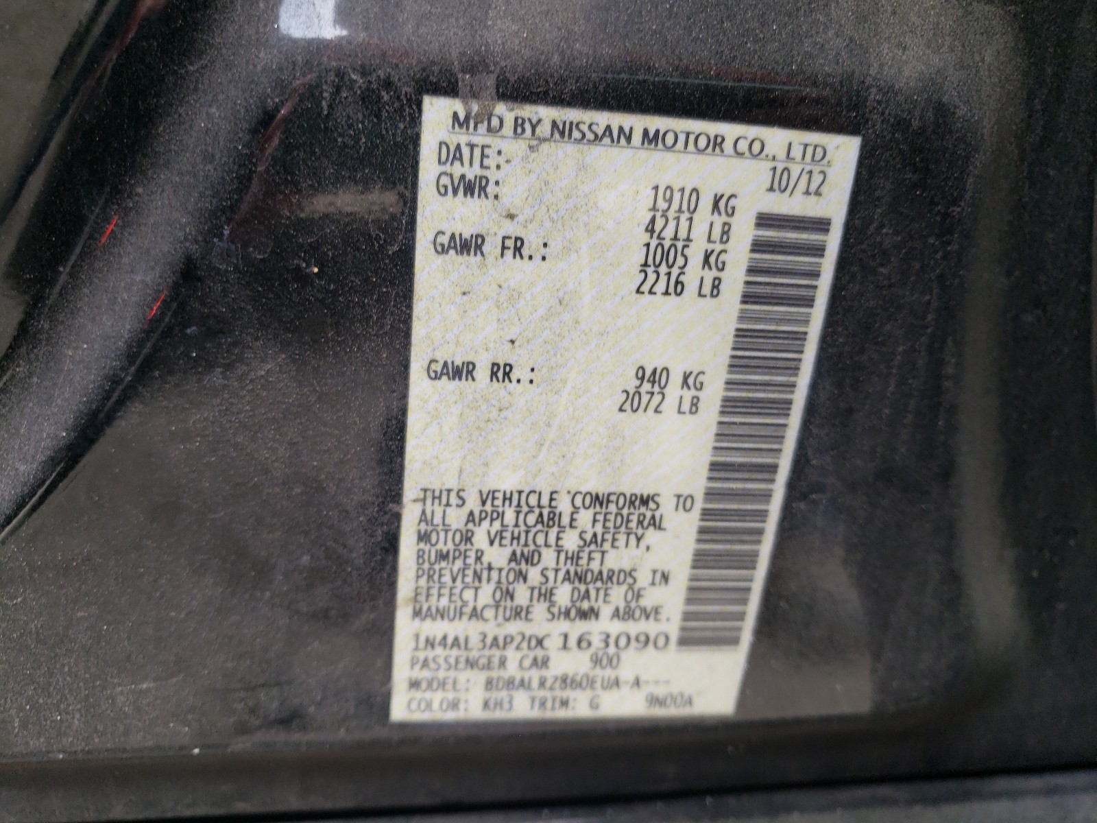 Photo 10 from auction – 2013 NISSAN ALTIMA 2.5 with VIN 1N4AL3AP2DC163090