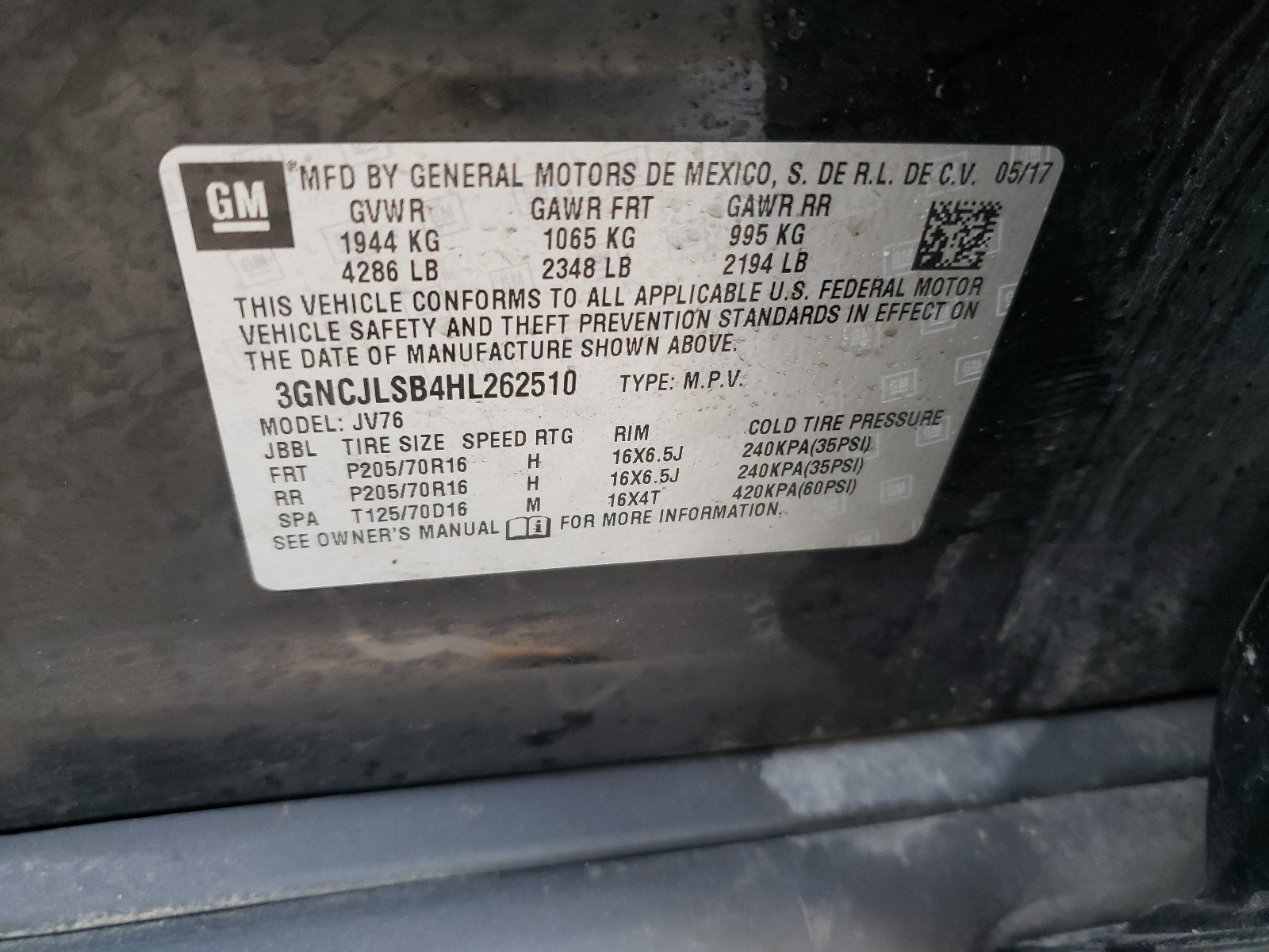 Photo 10 from auction – 2017 CHEVROLET TRAX 1LT with VIN 3GNCJLSB4HL262510