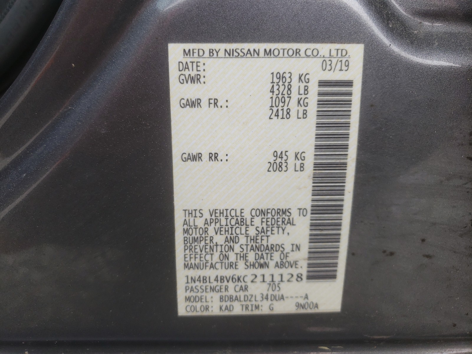 Photo 10 from auction – 2019 NISSAN ALTIMA S with VIN 1N4BL4BV6KC211128