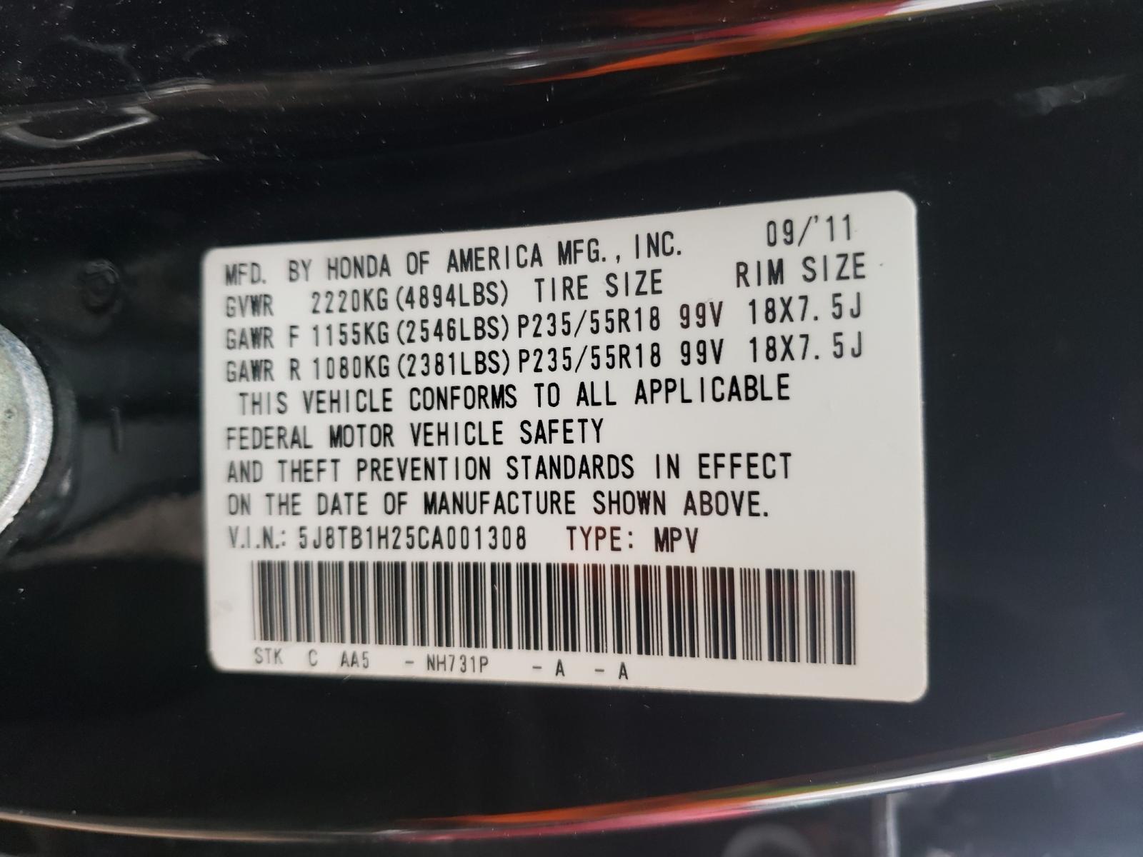 Photo 10 from auction – 2012 ACURA RDX with VIN 5J8TB1H25CA001308