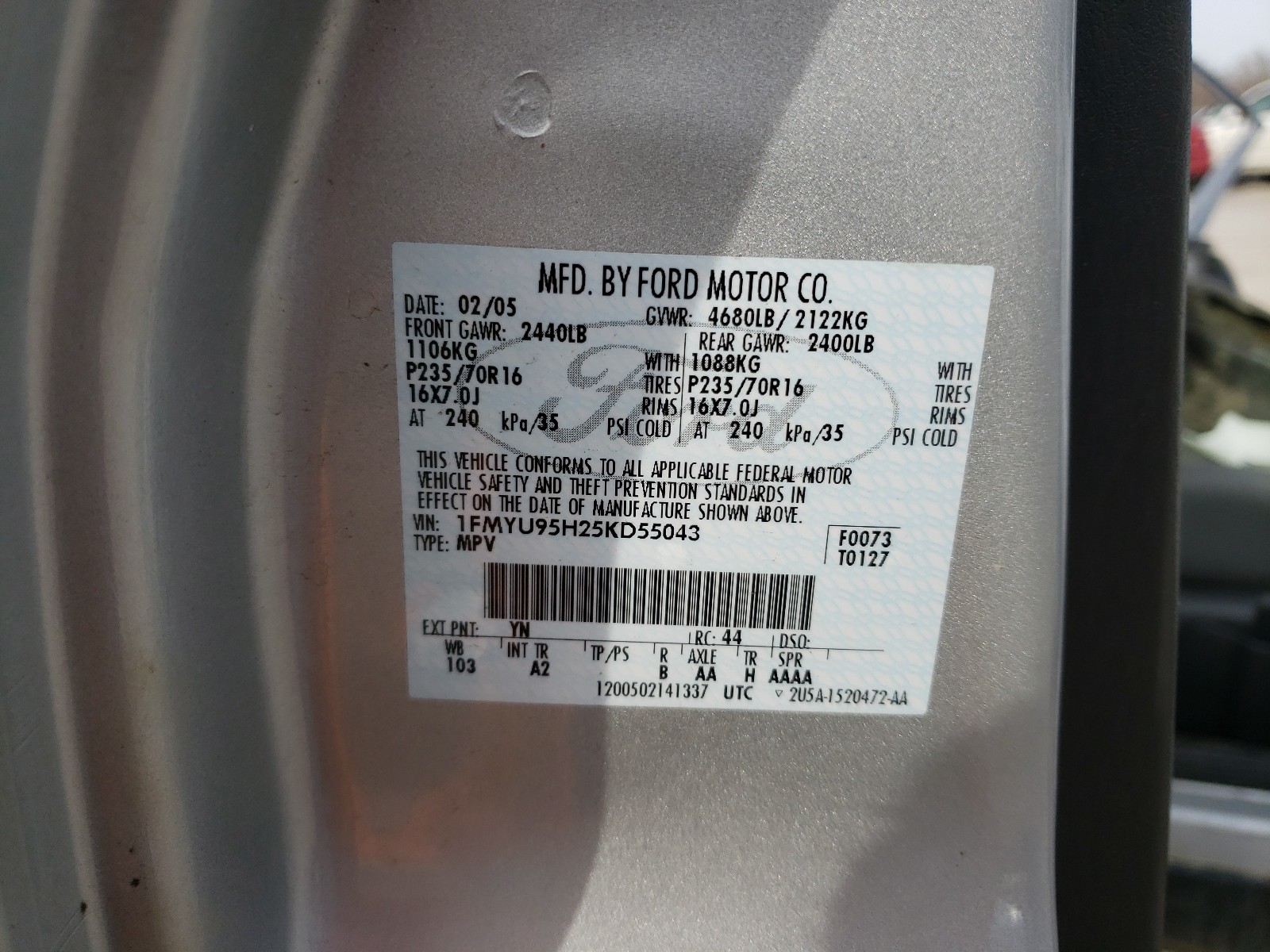Photo 10 from auction – 2005 FORD ESCAPE HEV with VIN 1FMYU95H25KD55043