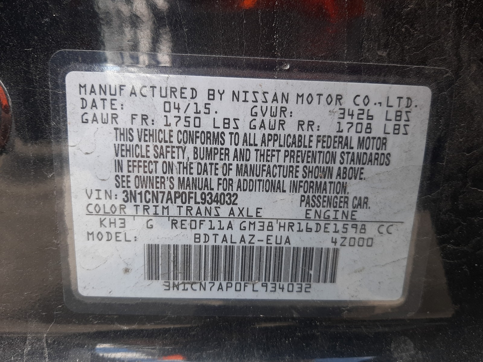 Photo 10 from auction – 2015 NISSAN VERSA S with VIN 3N1CN7AP0FL934032