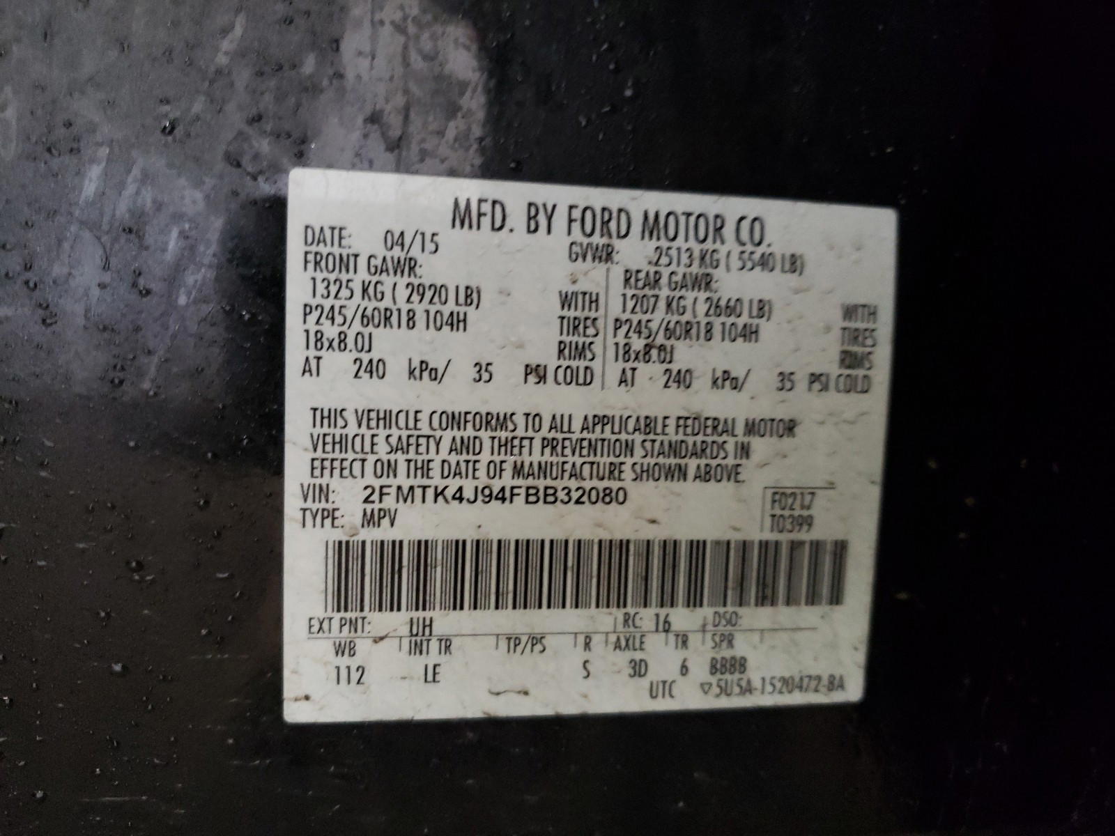 Photo 10 from auction – 2015 FORD EDGE SEL with VIN 2FMTK4J94FBB32080