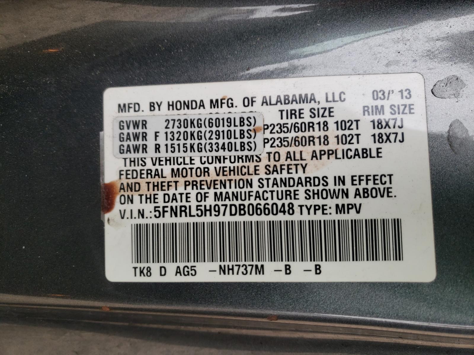 Photo 10 from auction – 2013 HONDA ODYSSEY TO with VIN 5FNRL5H97DB066048