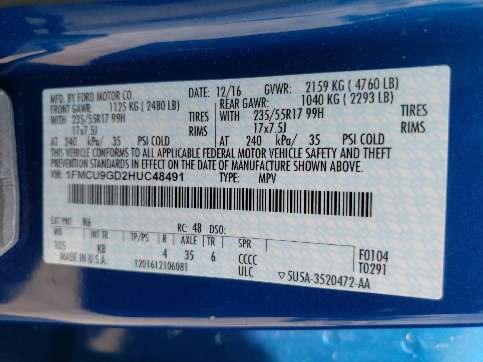 Photo 10 from auction – 2017 FORD ESCAPE SE with VIN 1FMCU9GD2HUC48491