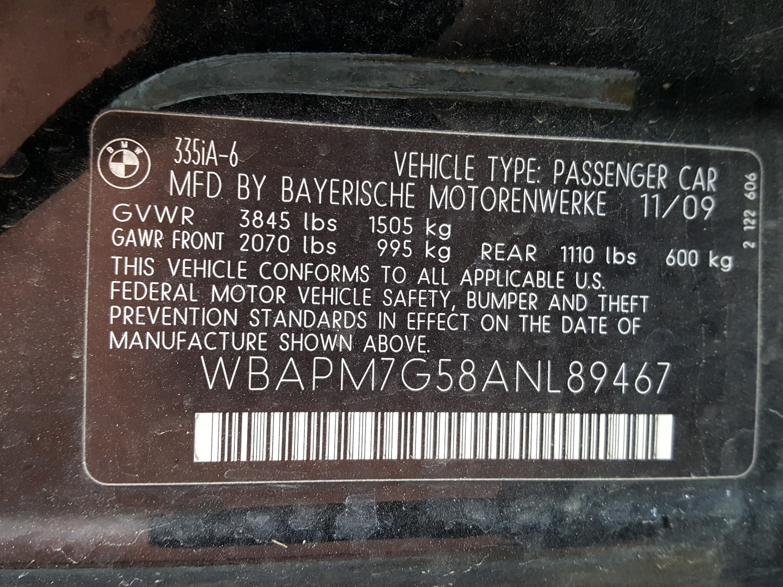 Photo 10 from auction – 2010 BMW 335 I with VIN WBAPM7G58ANL89467