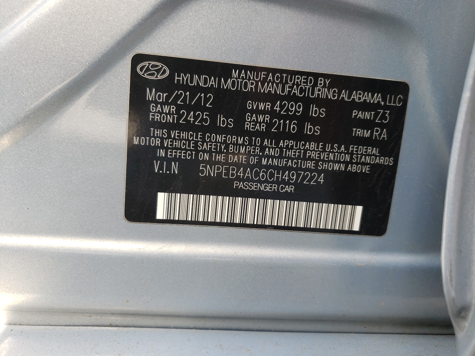 Photo 10 from auction – 2012 HYUNDAI SONATA GLS with VIN 5NPEB4AC6CH497224
