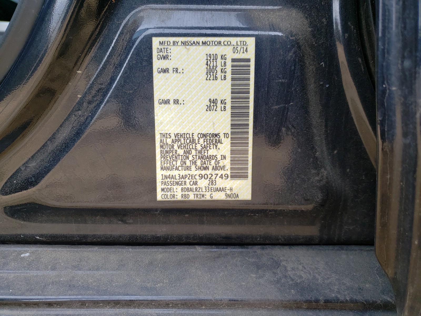 Photo 10 from auction – 2014 NISSAN ALTIMA 2.5 with VIN 1N4AL3AP2EC902749