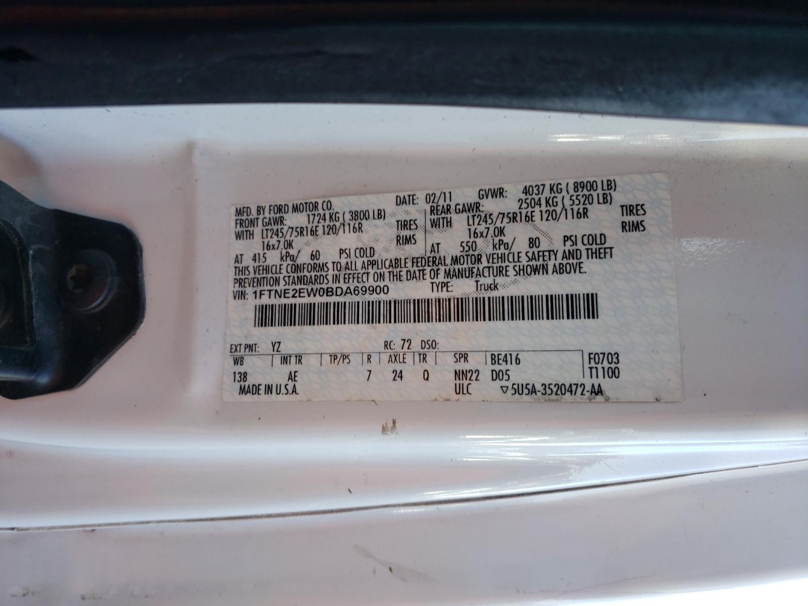 Photo 10 from auction – 2011 FORD ECONOLINE with VIN 1FTNE2EW0BDA69900