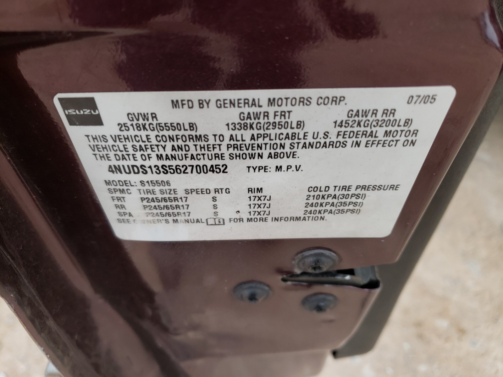 Photo 10 from auction – 2006 ISUZU ASCENDER S with VIN 4NUDS13S562700452