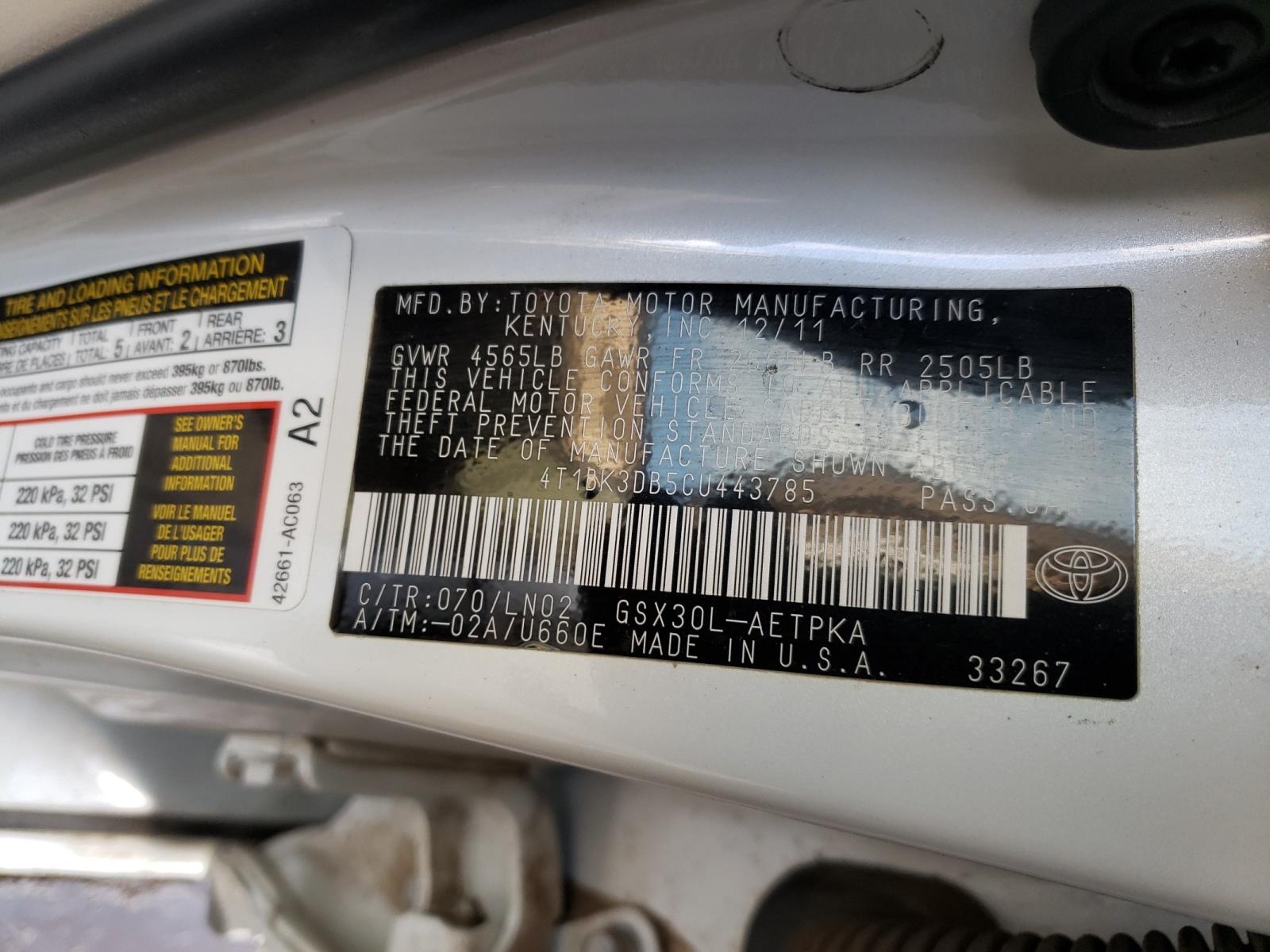 Photo 10 from auction – 2012 TOYOTA AVALON BAS with VIN 4T1BK3DB5CU443785