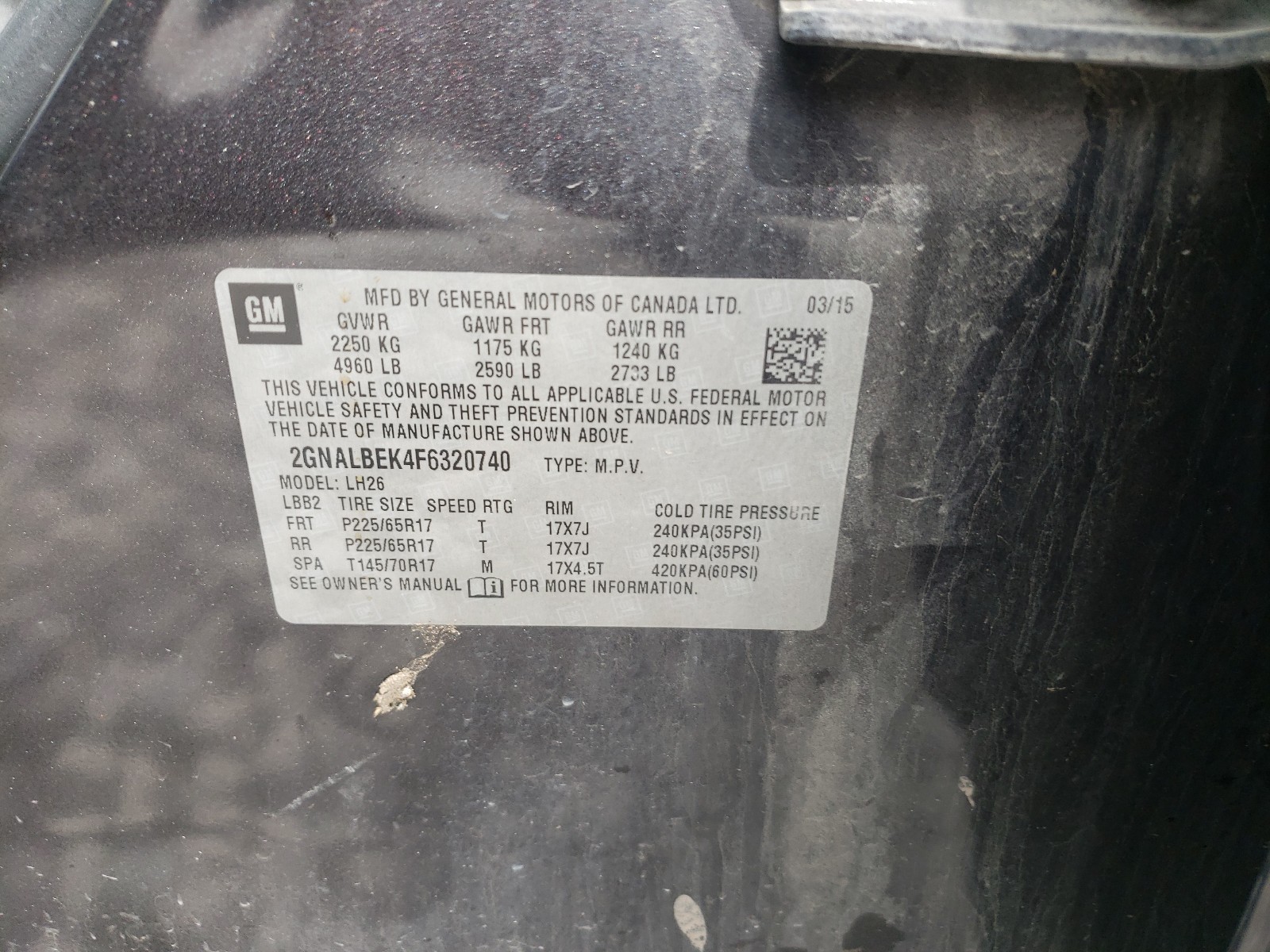 Photo 10 from auction – 2015 CHEVROLET EQUINOX LT with VIN 2GNALBEK4F6320740