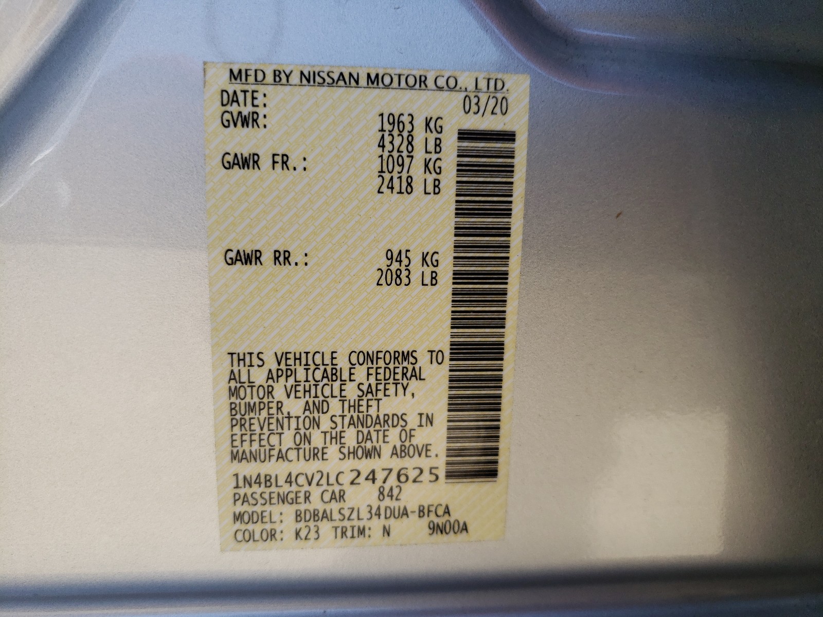 Photo 10 from auction – 2020 NISSAN ALTIMA SR with VIN 1N4BL4CV2LC247625