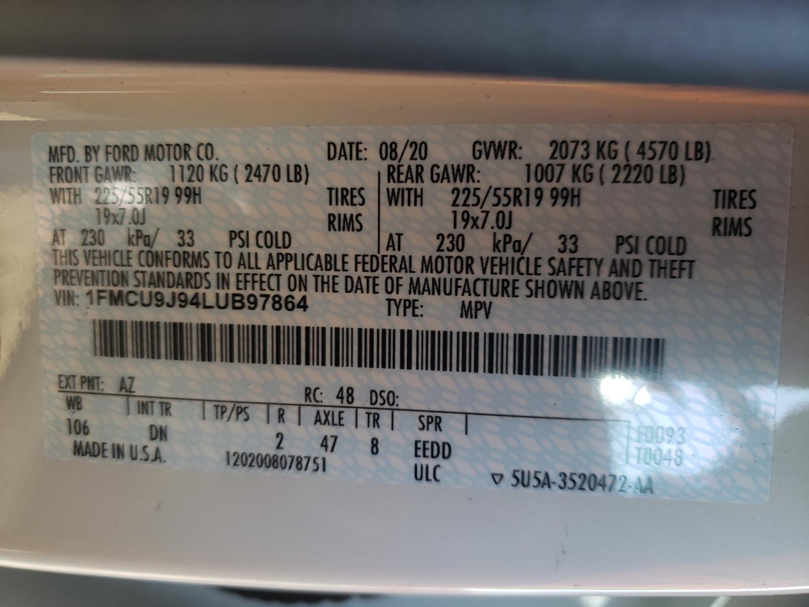 Photo 10 from auction – 2020 FORD ESCAPE TIT with VIN 1FMCU9J94LUB97864