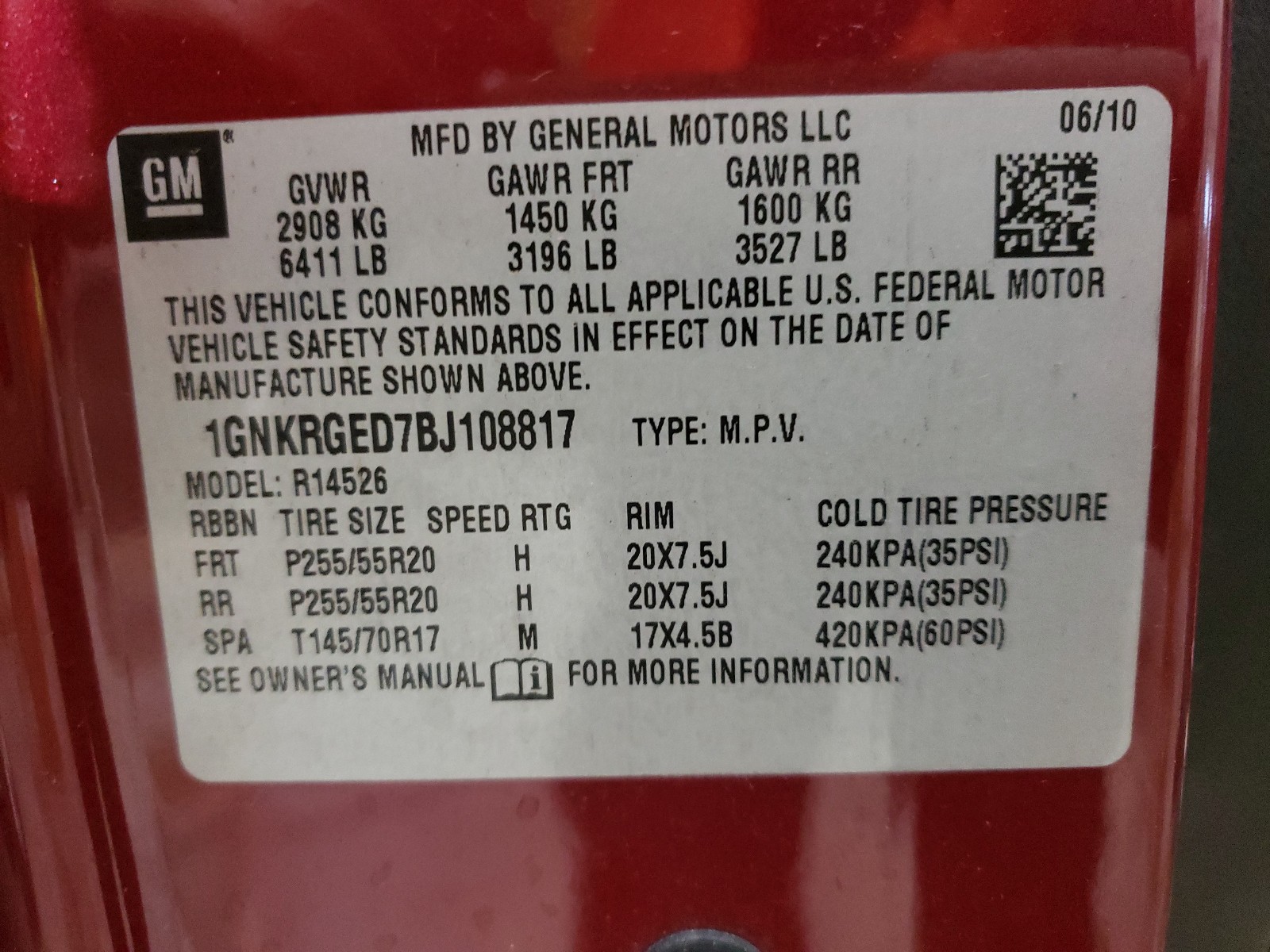 Photo 10 from auction – 2011 CHEVROLET TRAVERSE L with VIN 1GNKRGED7BJ108817