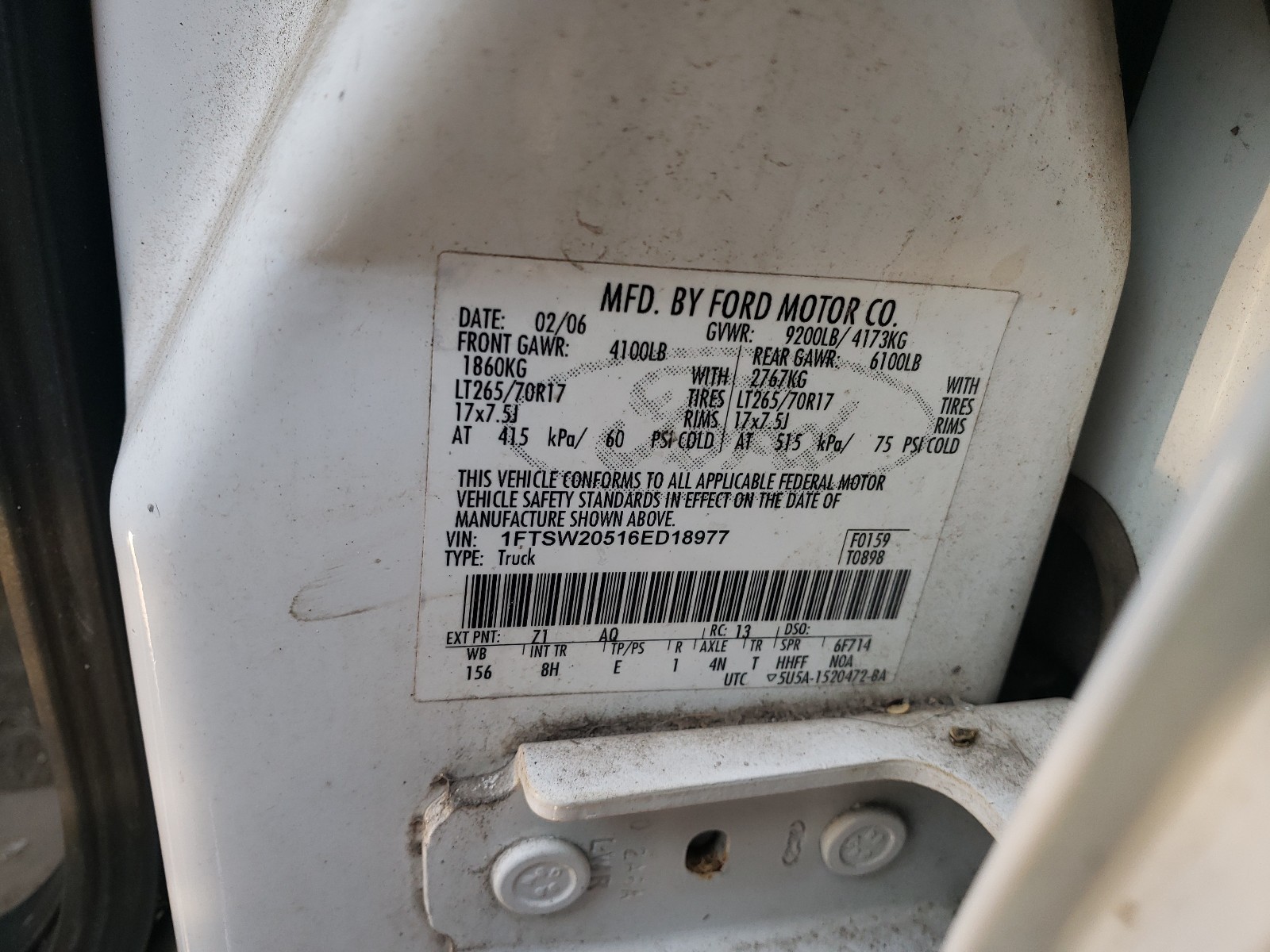 Photo 10 from auction – 2006 FORD F250 SUPER with VIN 1FTSW20516ED18977