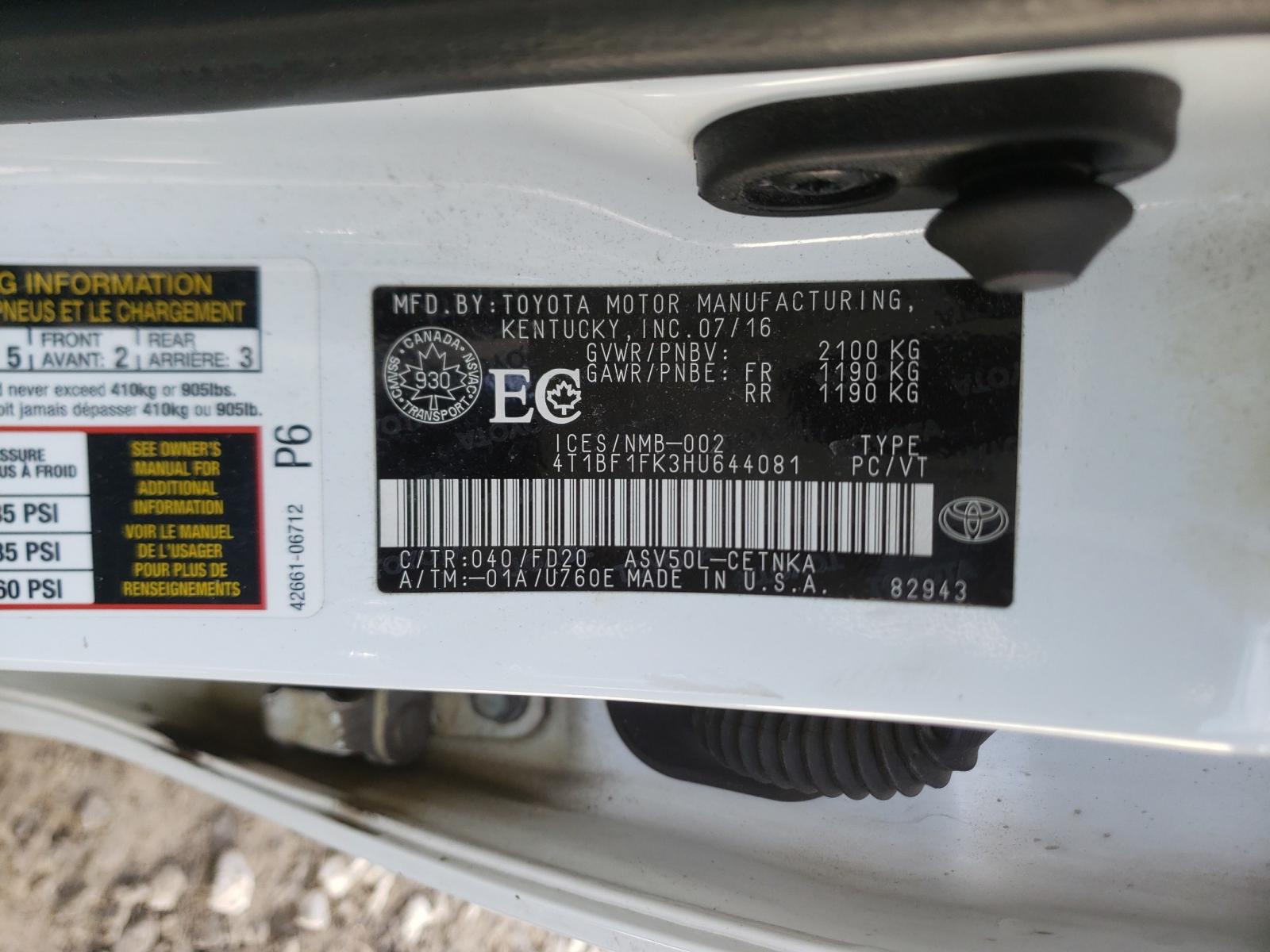 Photo 10 from auction – 2017 TOYOTA CAMRY LE with VIN 4T1BF1FK3HU644081