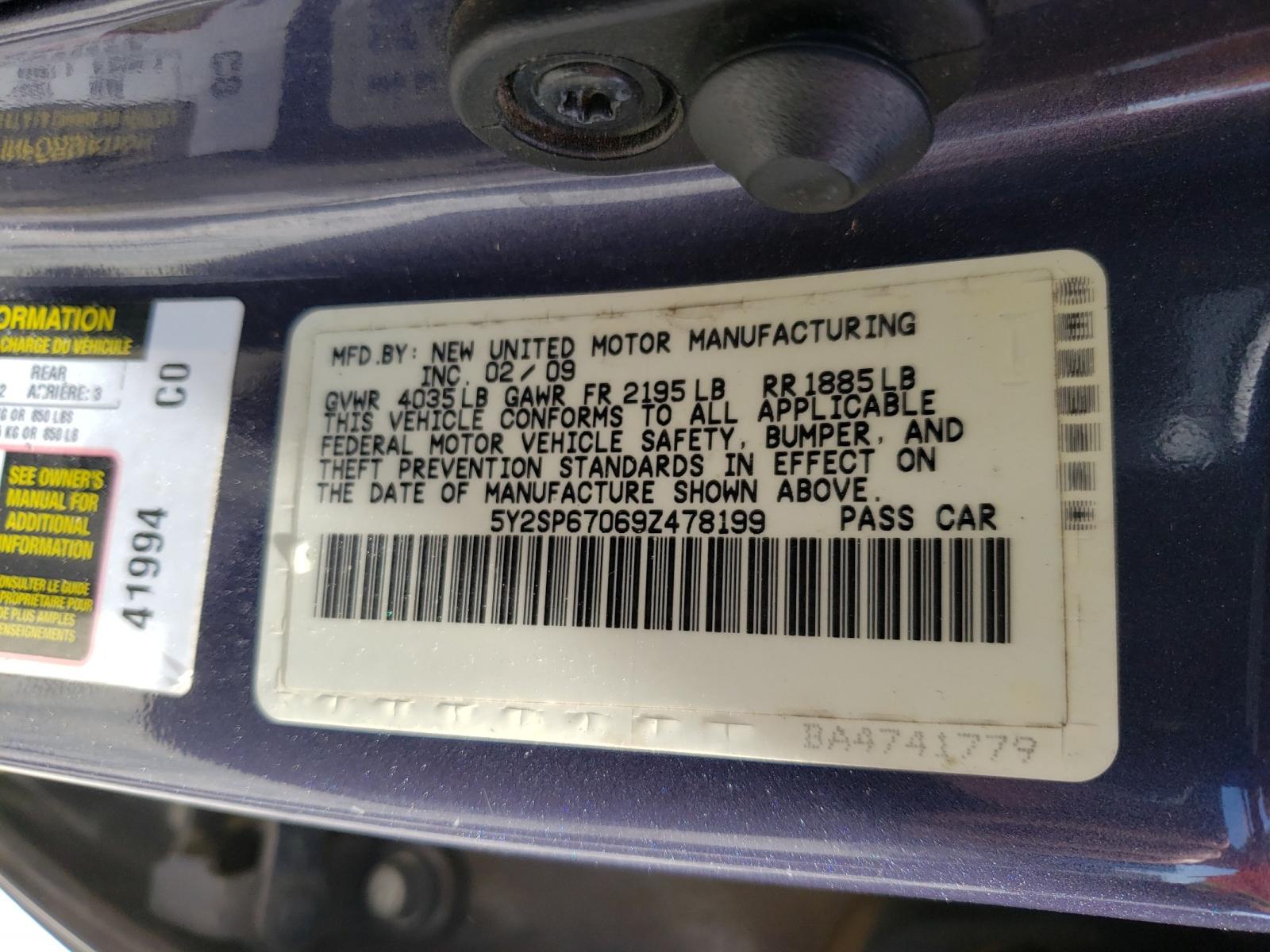 Photo 10 from auction – 2009 PONTIAC VIBE with VIN 5Y2SP67069Z478199