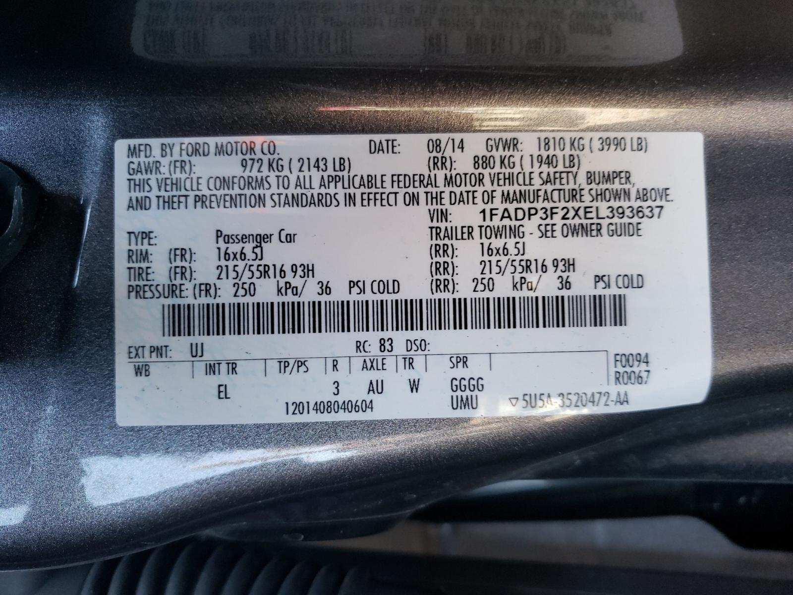 Photo 10 from auction – 2014 FORD FOCUS SE with VIN 1FADP3F2XEL393637