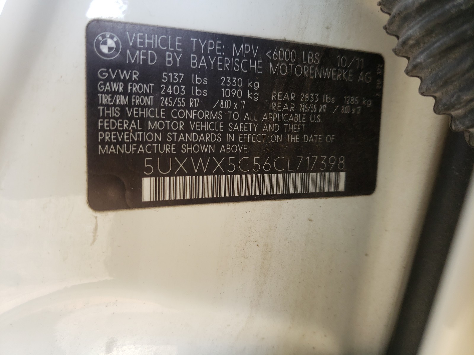 Photo 10 from auction – 2012 BMW X3 XDRIVE2 with VIN 5UXWX5C56CL717398