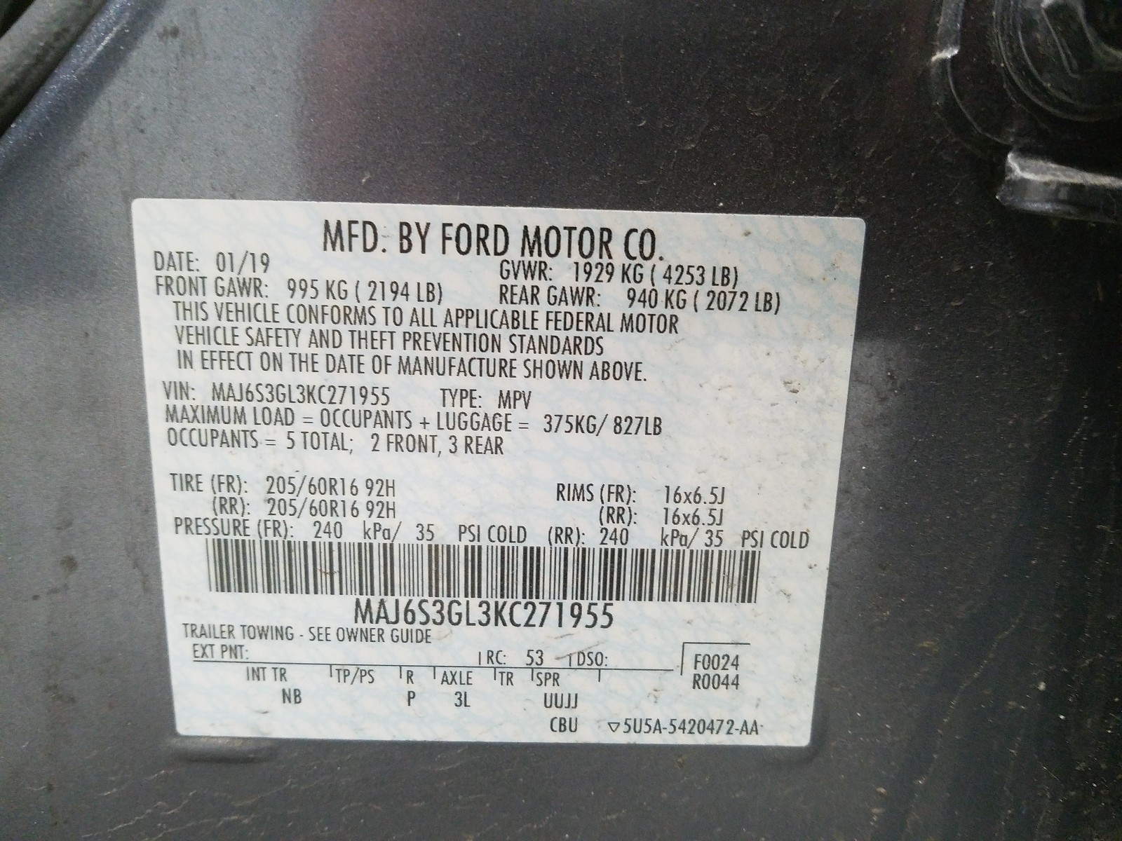 Photo 10 from auction – 2019 FORD ECOSPORT S with VIN MAJ6S3GL3KC271955