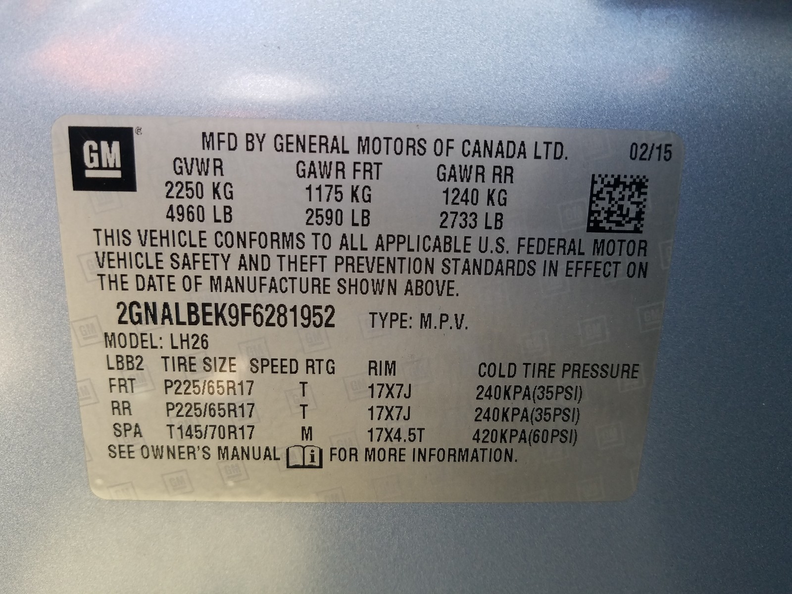 Photo 10 from auction – 2015 CHEVROLET EQUINOX LT with VIN 2GNALBEK9F6281952