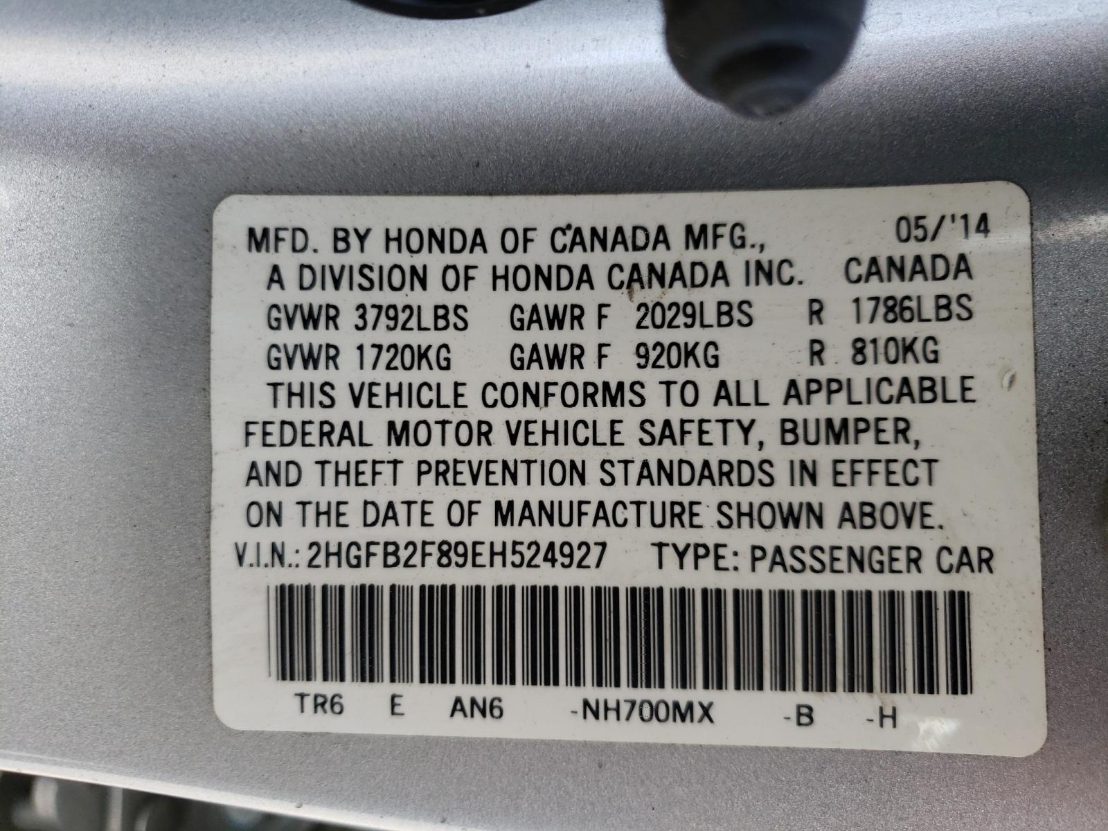 Photo 10 from auction – 2014 HONDA CIVIC EX with VIN 2HGFB2F89EH524927