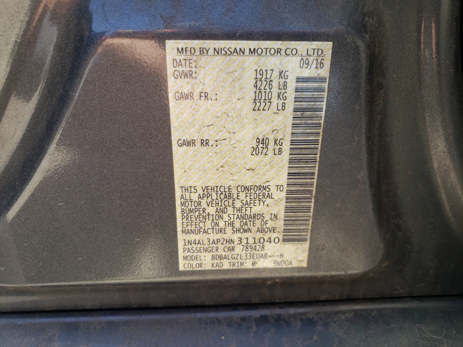 Photo 10 from auction – 2017 NISSAN ALTIMA 2.5 with VIN 1N4AL3AP2HN311040