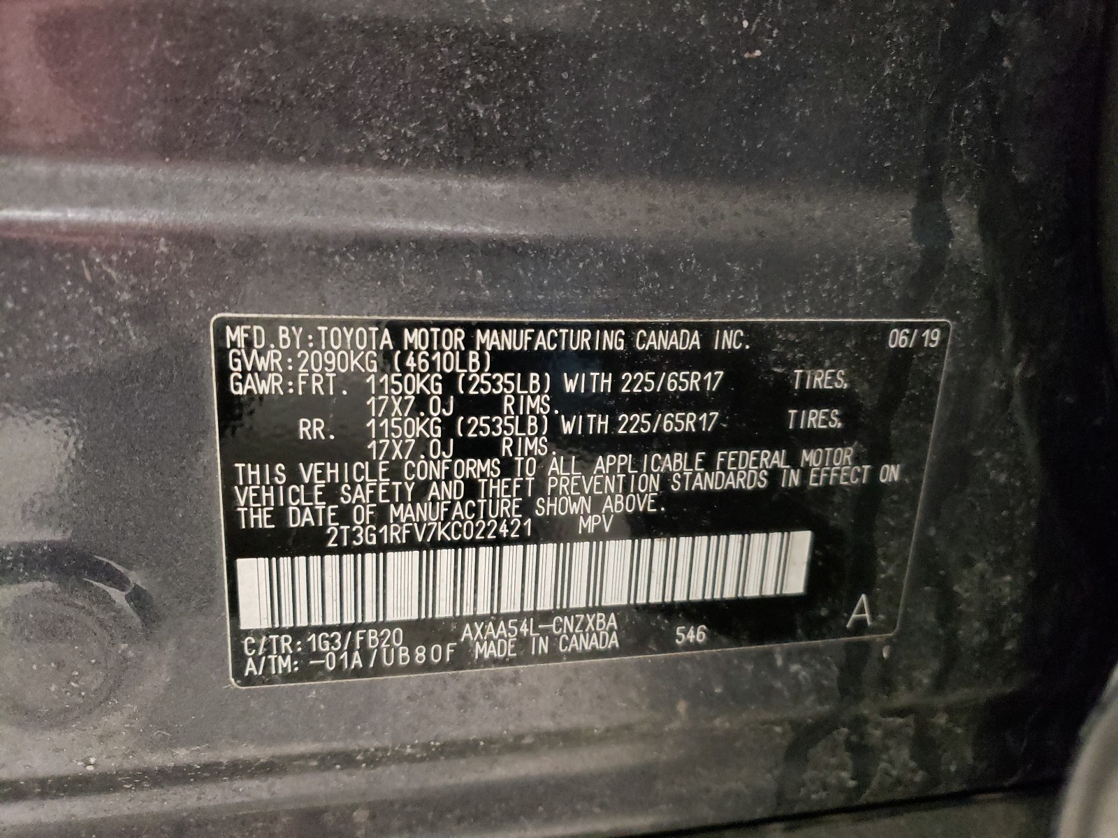 Photo 10 from auction – 2019 TOYOTA RAV4 LE with VIN 2T3G1RFV7KC022421