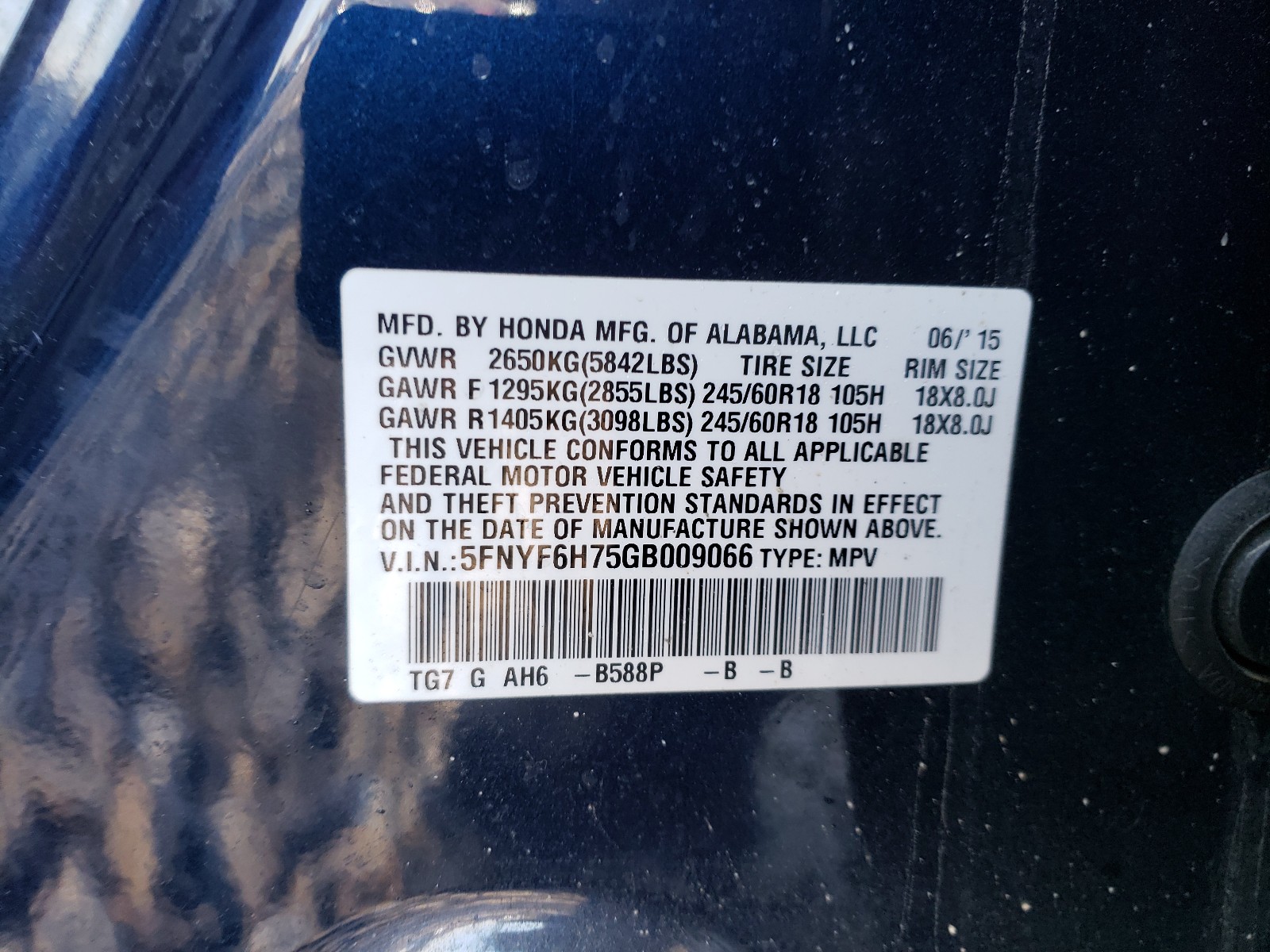 Photo 10 from auction – 2016 HONDA PILOT EXLN with VIN 5FNYF6H75GB009066
