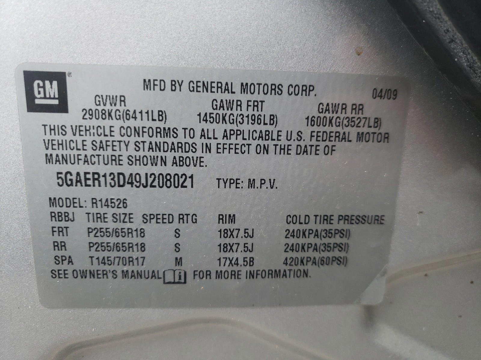 Photo 10 from auction – 2009 BUICK ENCLAVE CX with VIN 5GAER13D49J208021