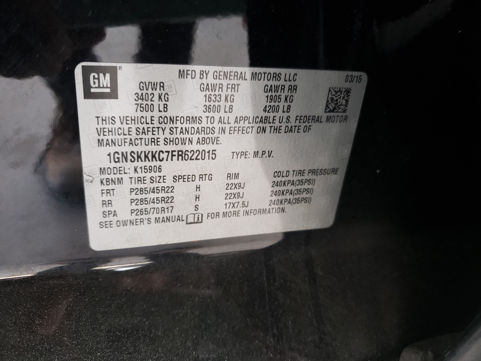 Photo 10 from auction – 2015 CHEVROLET SUBURBAN with VIN 1GNSKKKC7FR622015