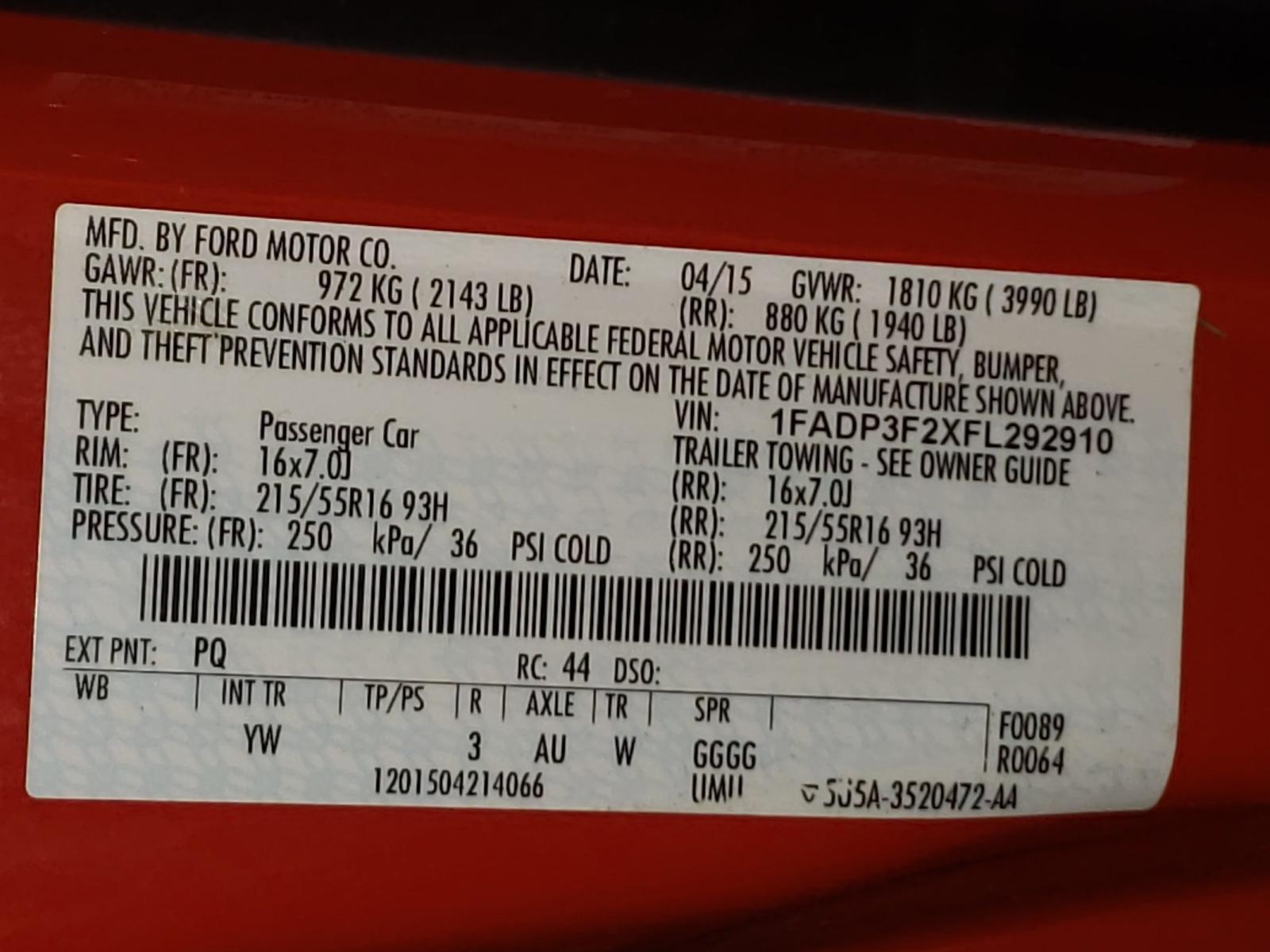 Photo 10 from auction – 2015 FORD FOCUS SE with VIN 1FADP3F2XFL292910